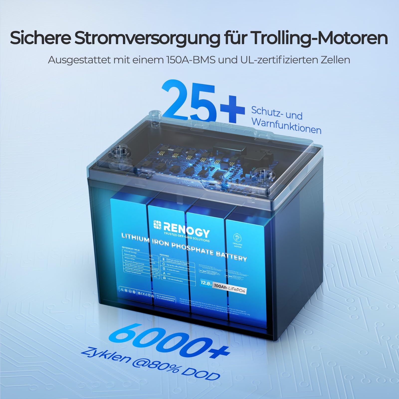 Renogy 12V 100Ah Trolling Motoren LiFePO4 Lithium Batterie mit Bluetooth, 150A BMS 6000+ Zyklen Deep-Cycle-Batterien, 12V Solarbatterie 100Ah Akku für Trolling-Motor, kabinen, Marine, Wohnmobile, IP67