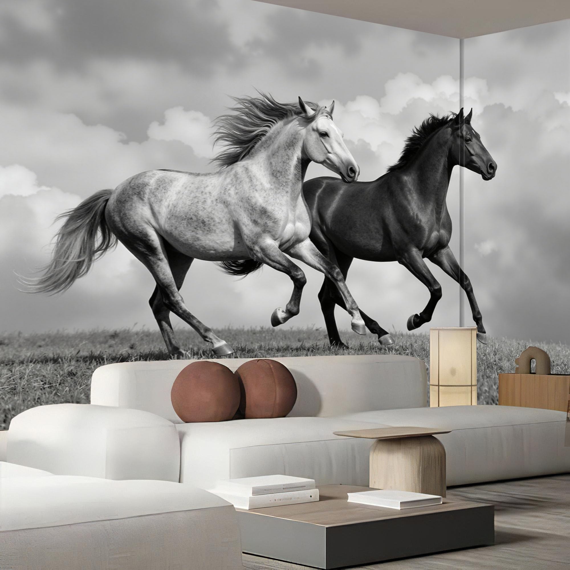 Mural fresque photographie réaliste cheval noir et blanc pour grand mur