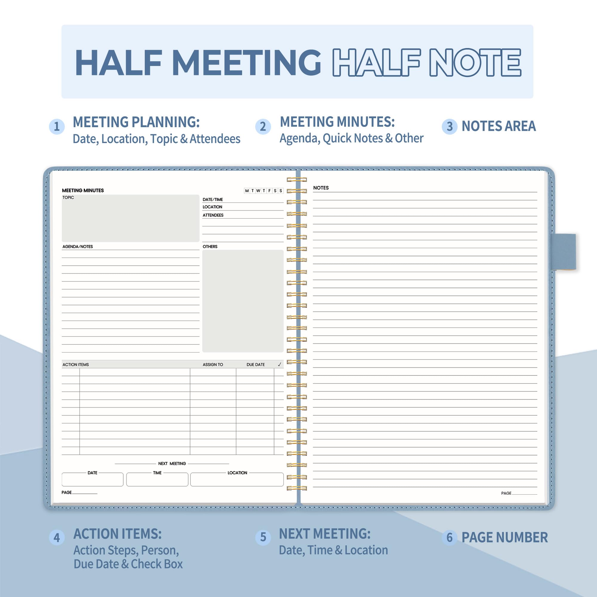 SUNEE Half Meeting Half Note - Taccuino professionale per lavoro, 19 x 25 cm, 160 pagine, formato B5, agenda a spirale, per donne e uomini, per prendere appunti, ufficio, con copertina in pelle vegana