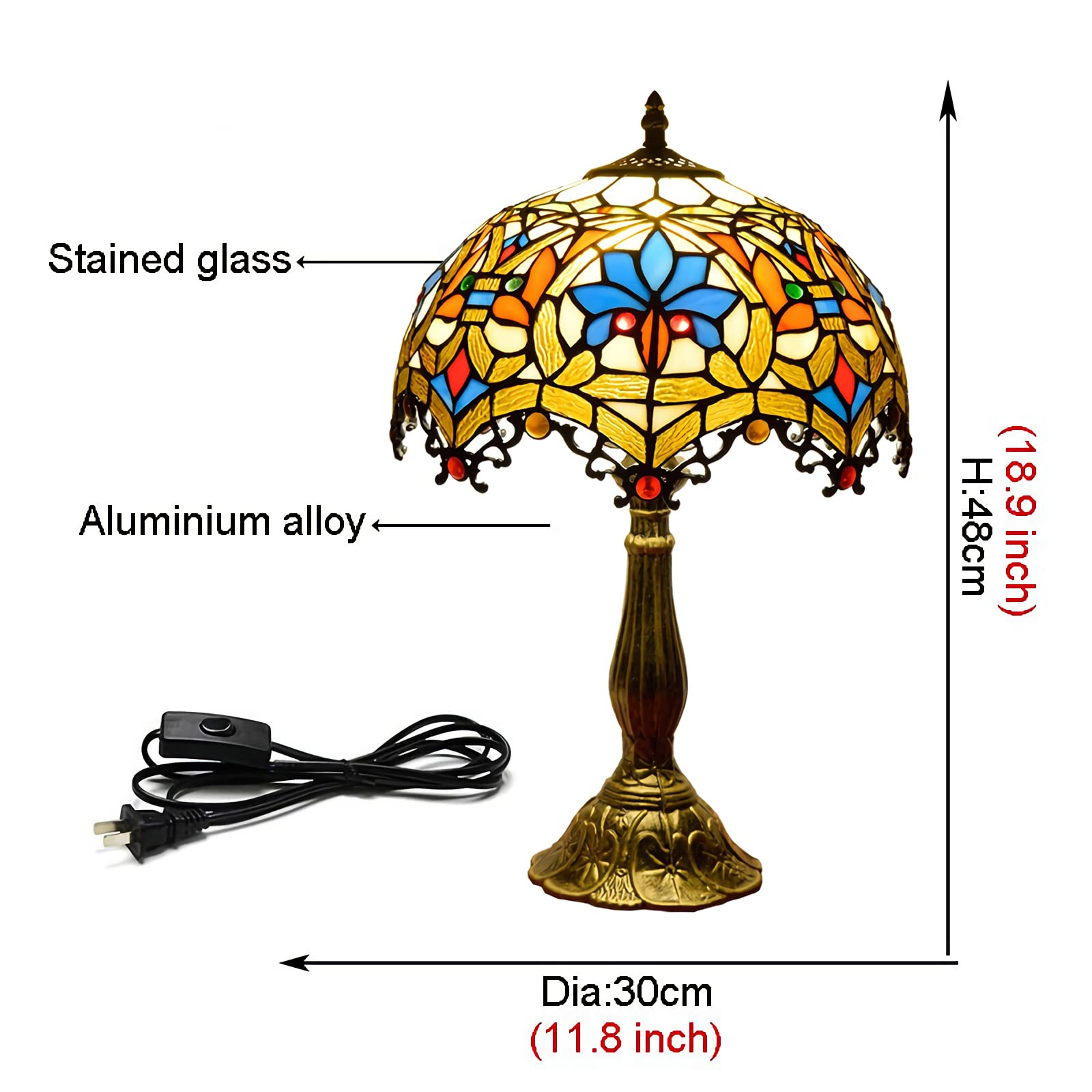 XANAYXWJ Stylowa barokowa stołowa, 12-calowa wiktoriańska witrażowa lampka nocna, podstawa E26 w stylu vintage lampka do czytania do salonu sypialnia