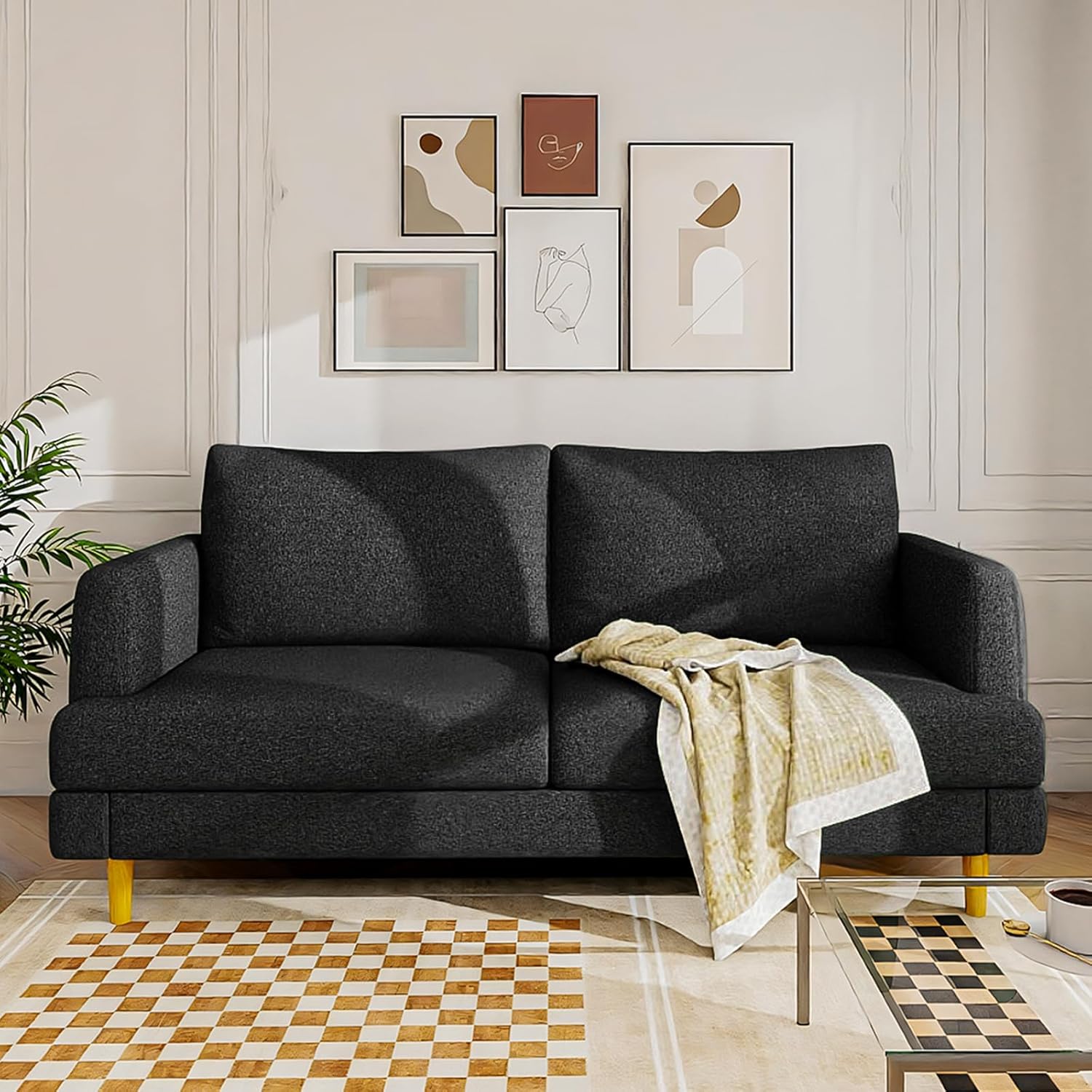 Loveseat Sofa Couch for Living Room with USB Type C Ports  Black Upholstered 70" Small Couches for Bedroom, Office or ApartmentModern 2-Seater Deep Seating with Soft Cushions & Sturdy Frame