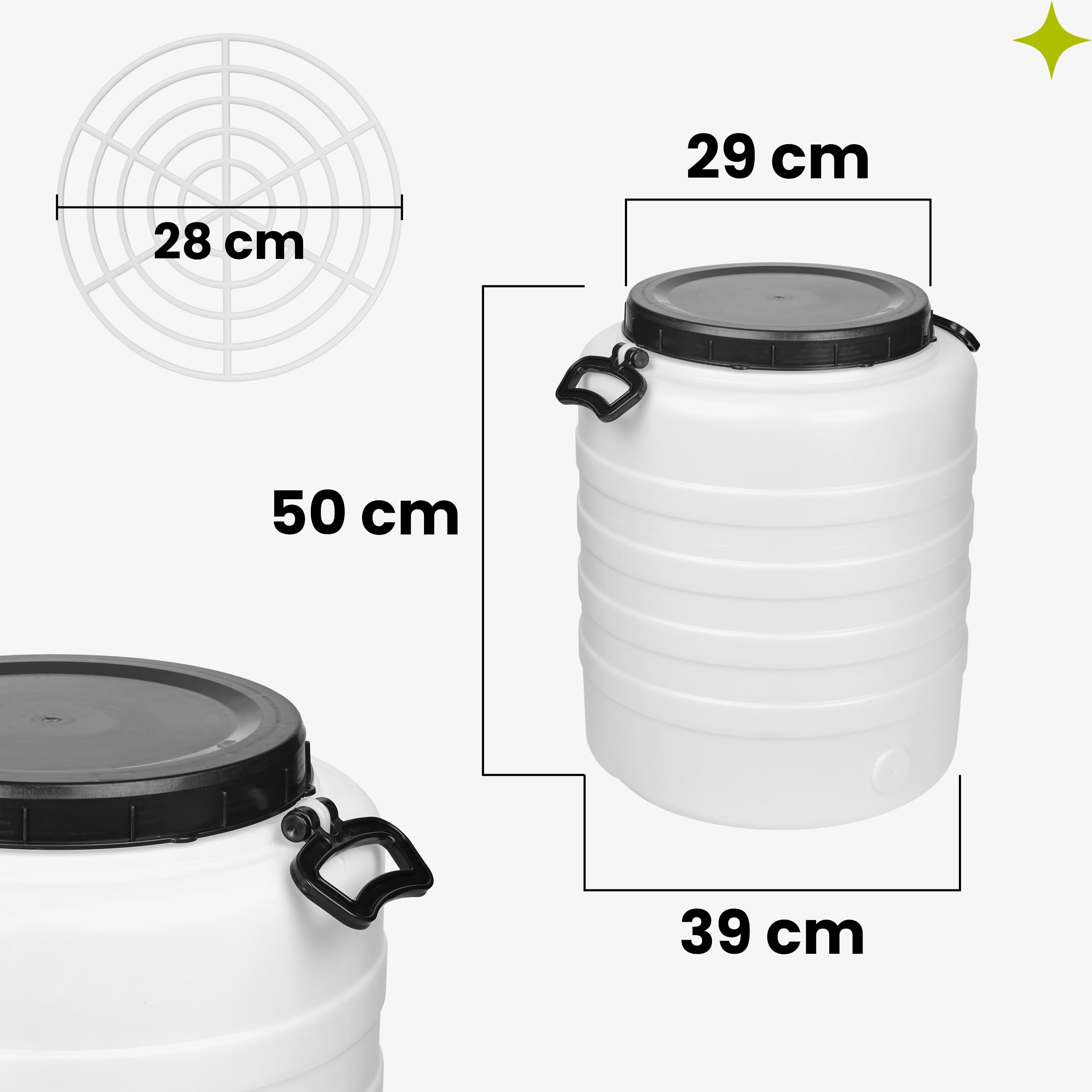 Garronda Fût Alimentaire 45 L Grille de Presse Plastique HDPE Tonneau Baril Grande Ouverture pour Eau, Stockage et Fermentation Recupérateur d Eau de Pluie GD-0187 Blanc
