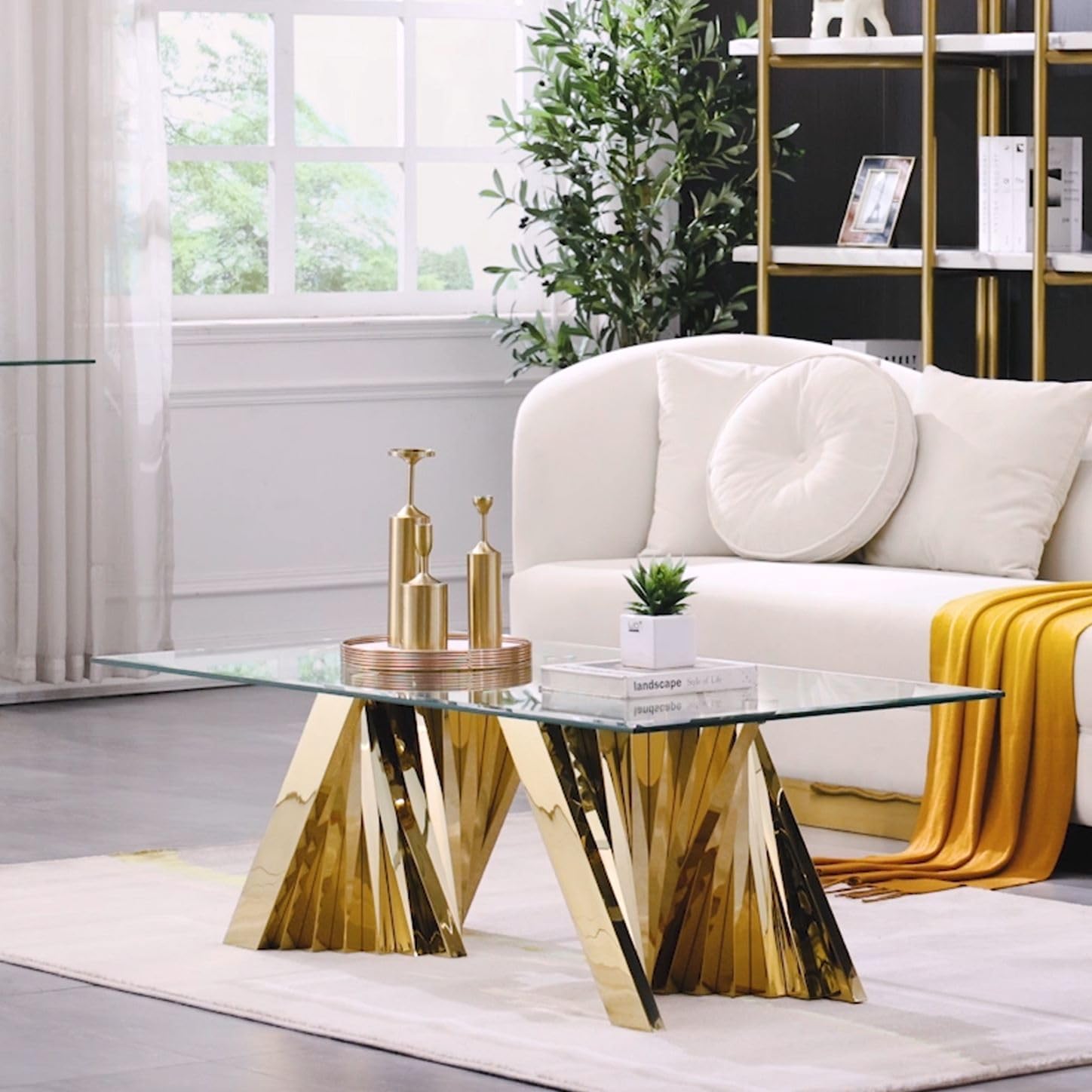 50" Gold Glass Coffee Table, Modern Rectangle Tempered Glass Living Room Center Table with Polished Stainless Steel Geometric Base