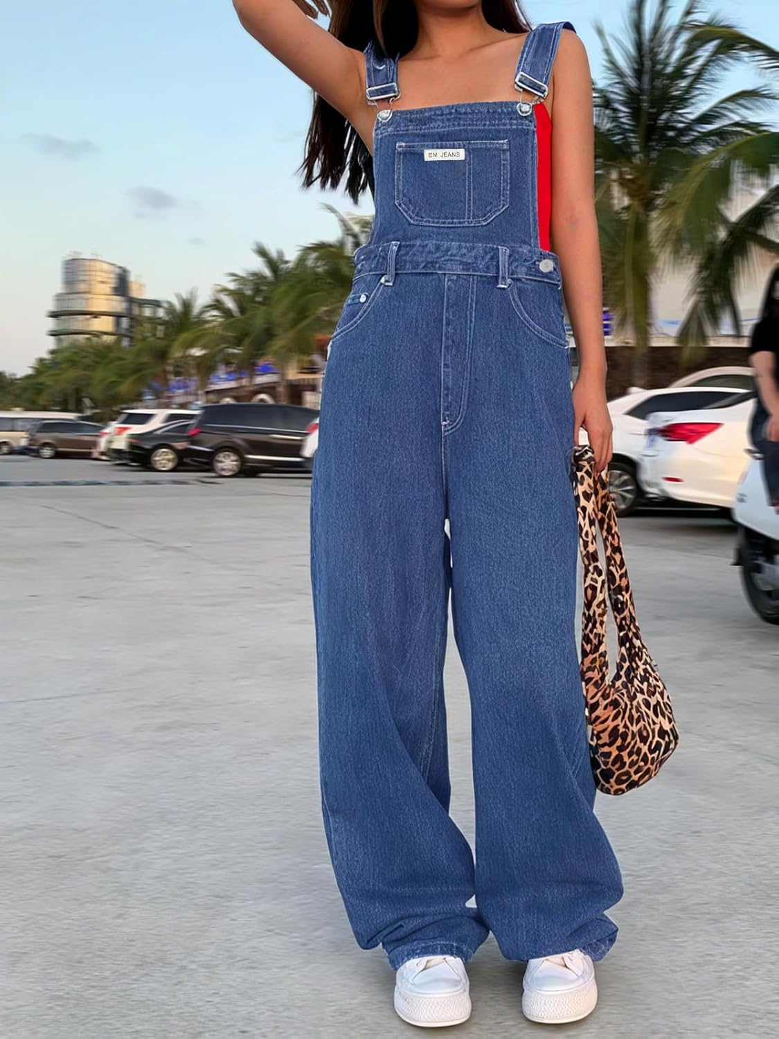 EMMIOL Women's Denim Overalls, Baggy Loose Fit Wide Leg Jumpsuit, 90s Vintage Style Overall with Adjustable Straps
