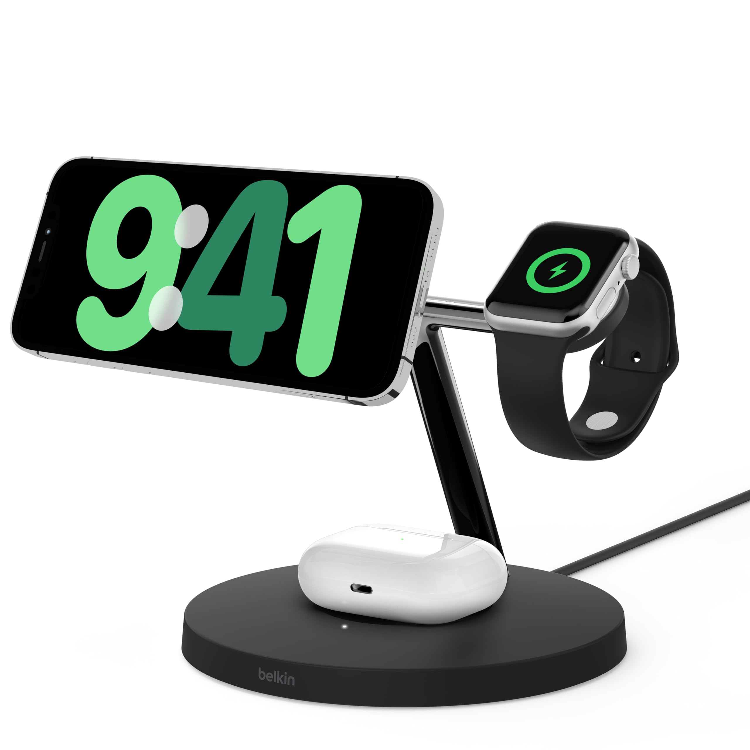 Belkin BoostCharge Pro Caricatore da scrivania 3 in 1 con ricarica wireless 15 W Qi2 per iPhone 15, 14, 13, 12, Apple Watch e AirPods, stazione di ricarica magnetica compatibile con MagSafe, nero
