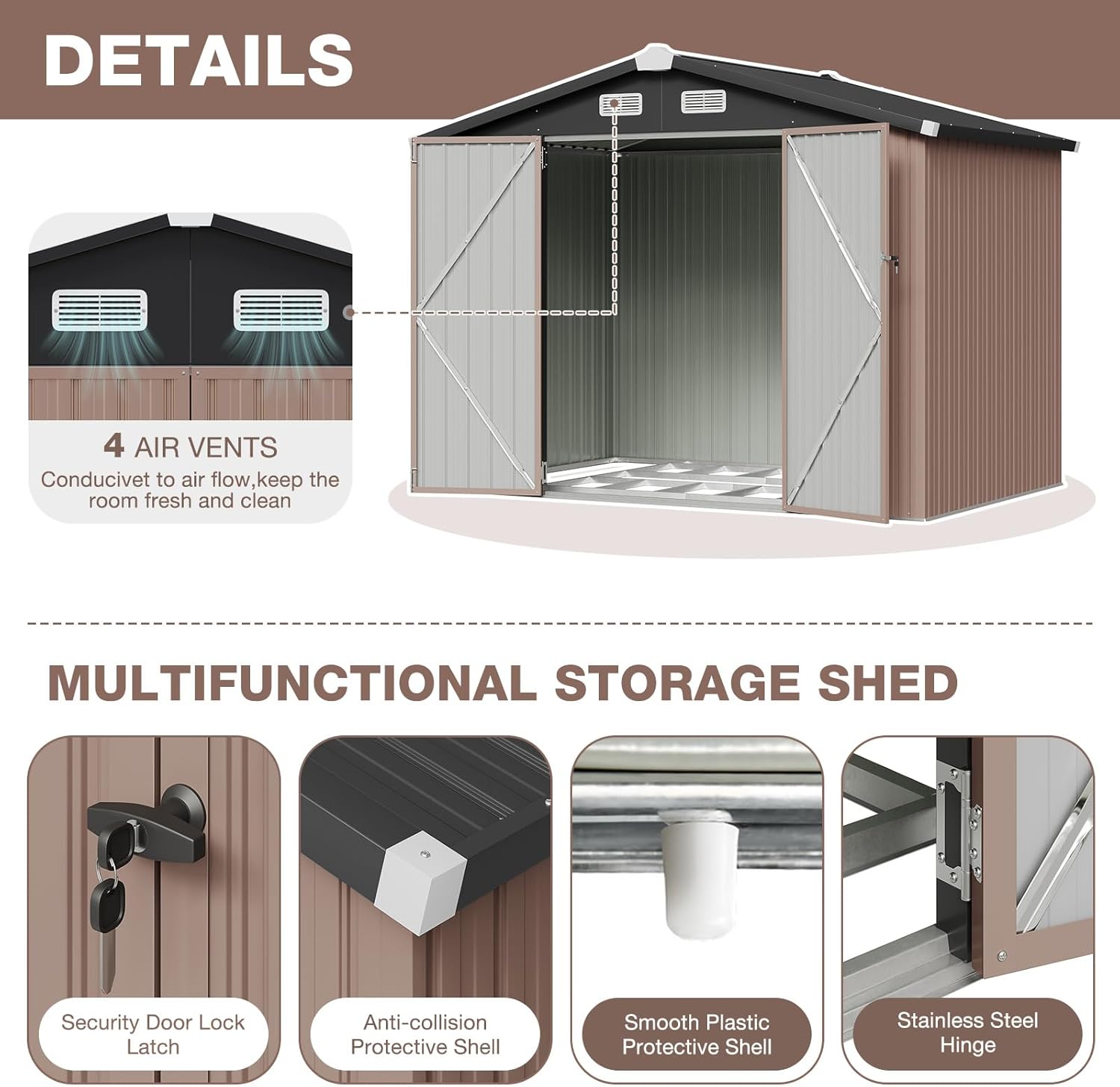 Ayrıntılı view of the Aoxun shed showing 4 air vents, security door lock latch, anti-collision protective shell, smooth plastic protective shell, and stainless steel hinge.