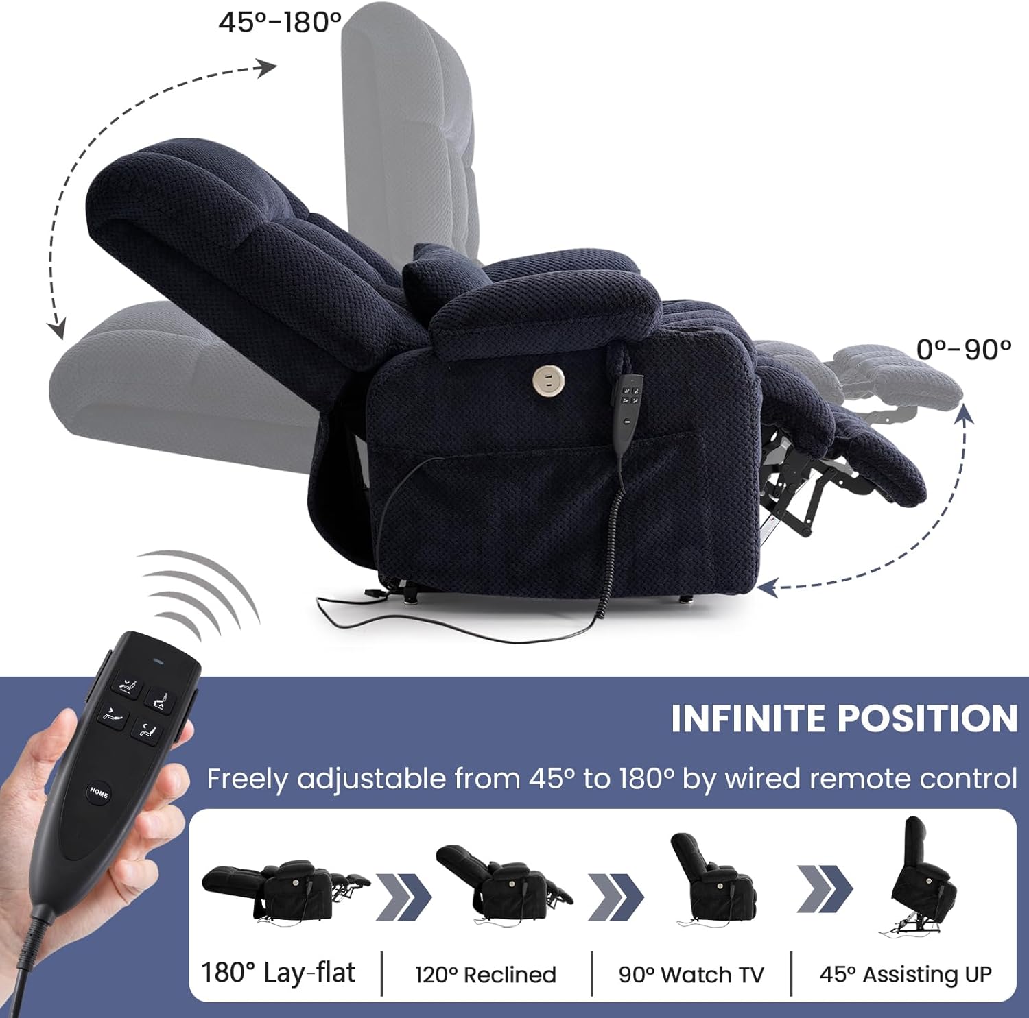 Power Lift Recliner Chair for Elderly, Infinite Position Lay Flat Recliner Chair for Adults W/Massage & Heat, Electric Lift Chair, Cup Holders, One-Touch Reset, Lumbar Pillow(Premium Large, Blue)