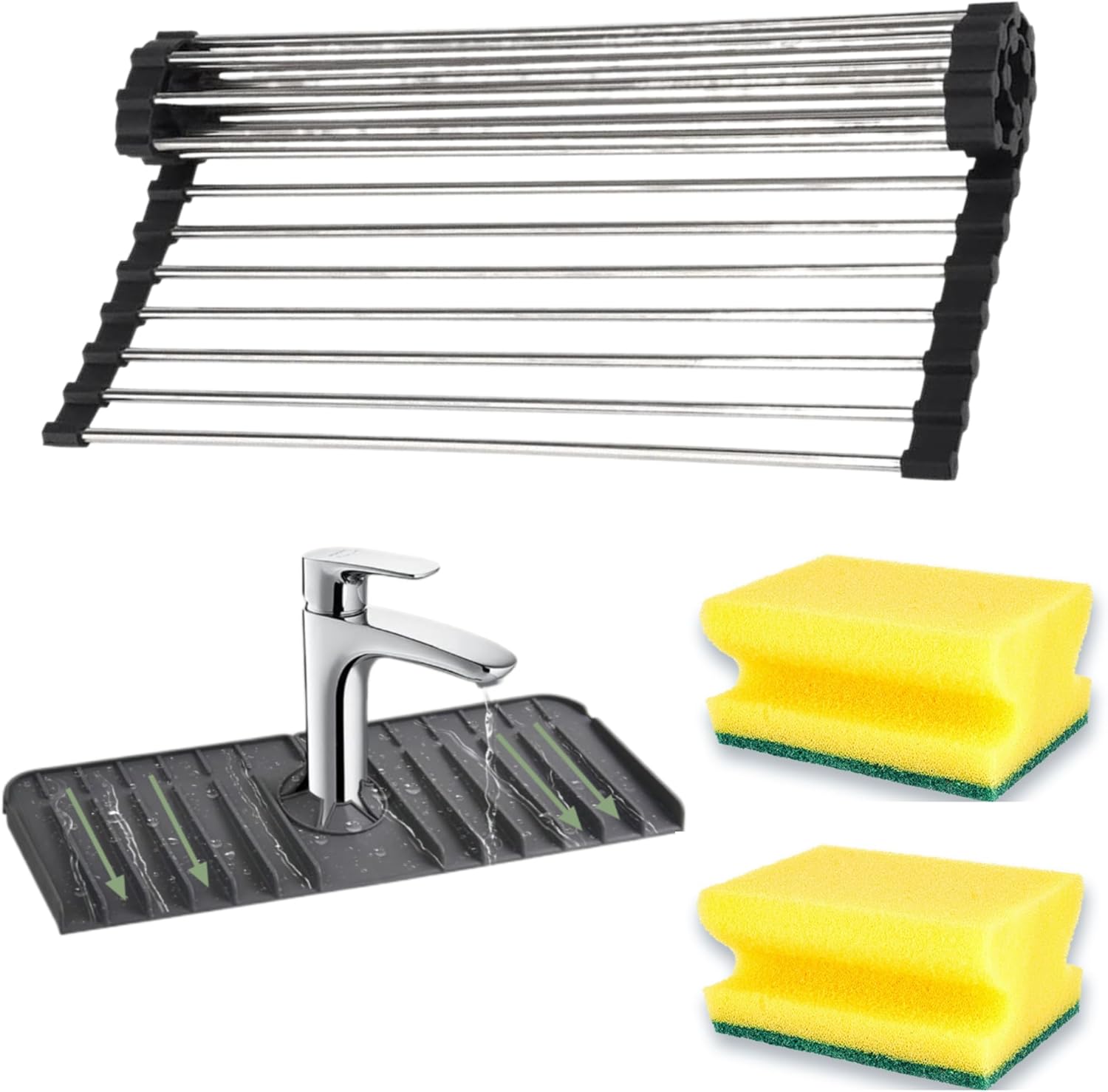 Over The Sink Drying Rack - Stainless Steel Roll Up Dish Drying Rack (18.5 x 13.4 x 0.4 in) -Includes Faucet Protector and Two Sponges - Sink Drying Rack for Cups, Fruits, Forks, and More!