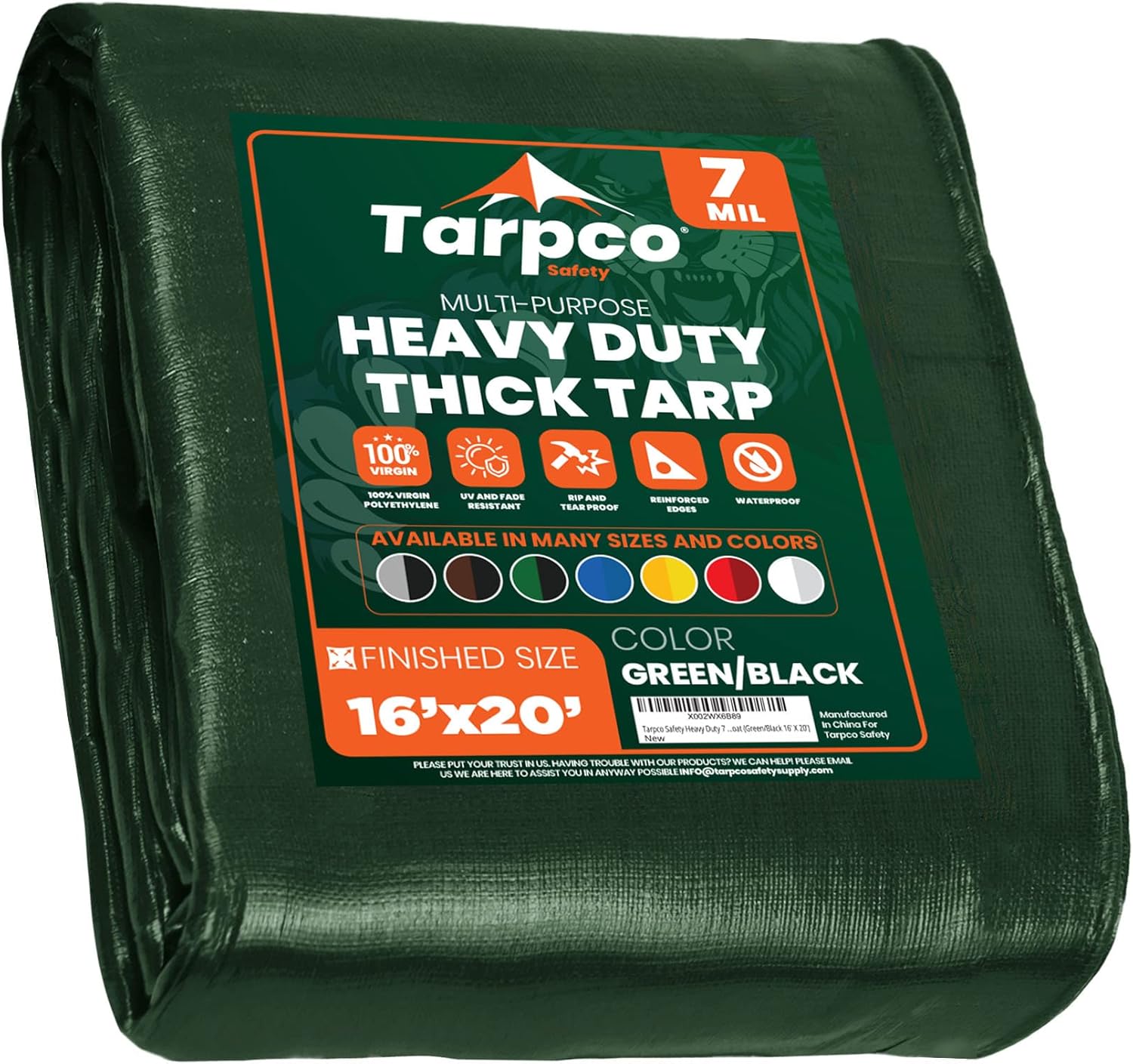 Tarpco Safety Heavy Duty 7 Mil Tarp Cover, Waterproof, UV Resistant, Rip and Tear Proof, Poly Tarpaulin with Reinforced Edges for Roof, Camping, Patio, Pool Cover, Boat (Green/Black 16 X 20)