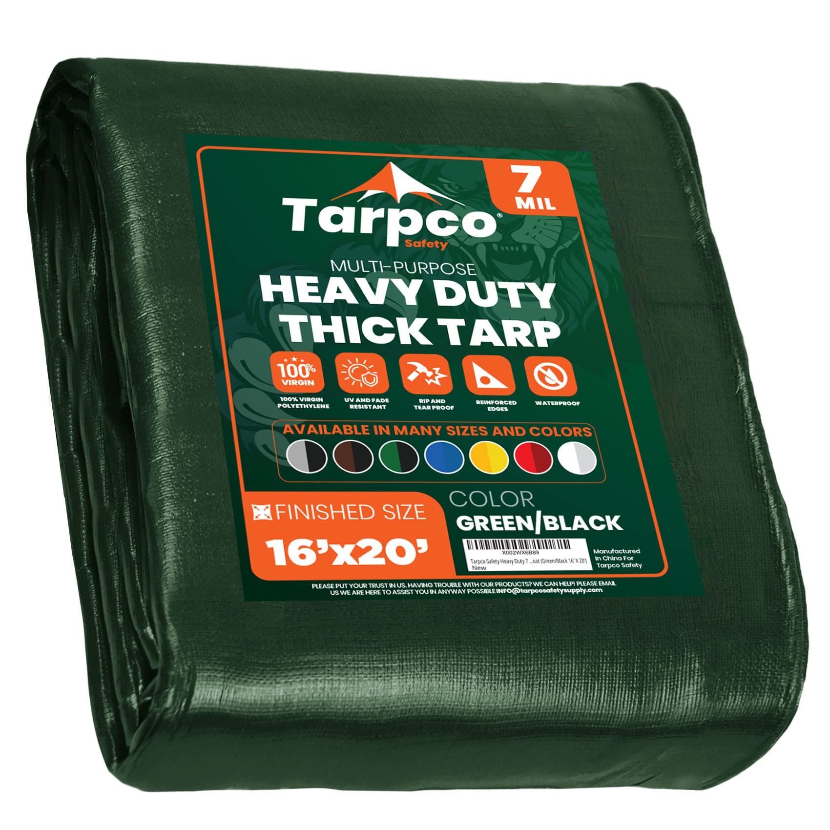 Heavy Duty 7 Mil Tarp Cover, Waterproof, UV Resistant, Rip and Tear Proof, Poly Tarpaulin with Reinforced Edges for Roof, Camping, Patio, Pool Cover, Boat (Green/Black 16′ X 20′)