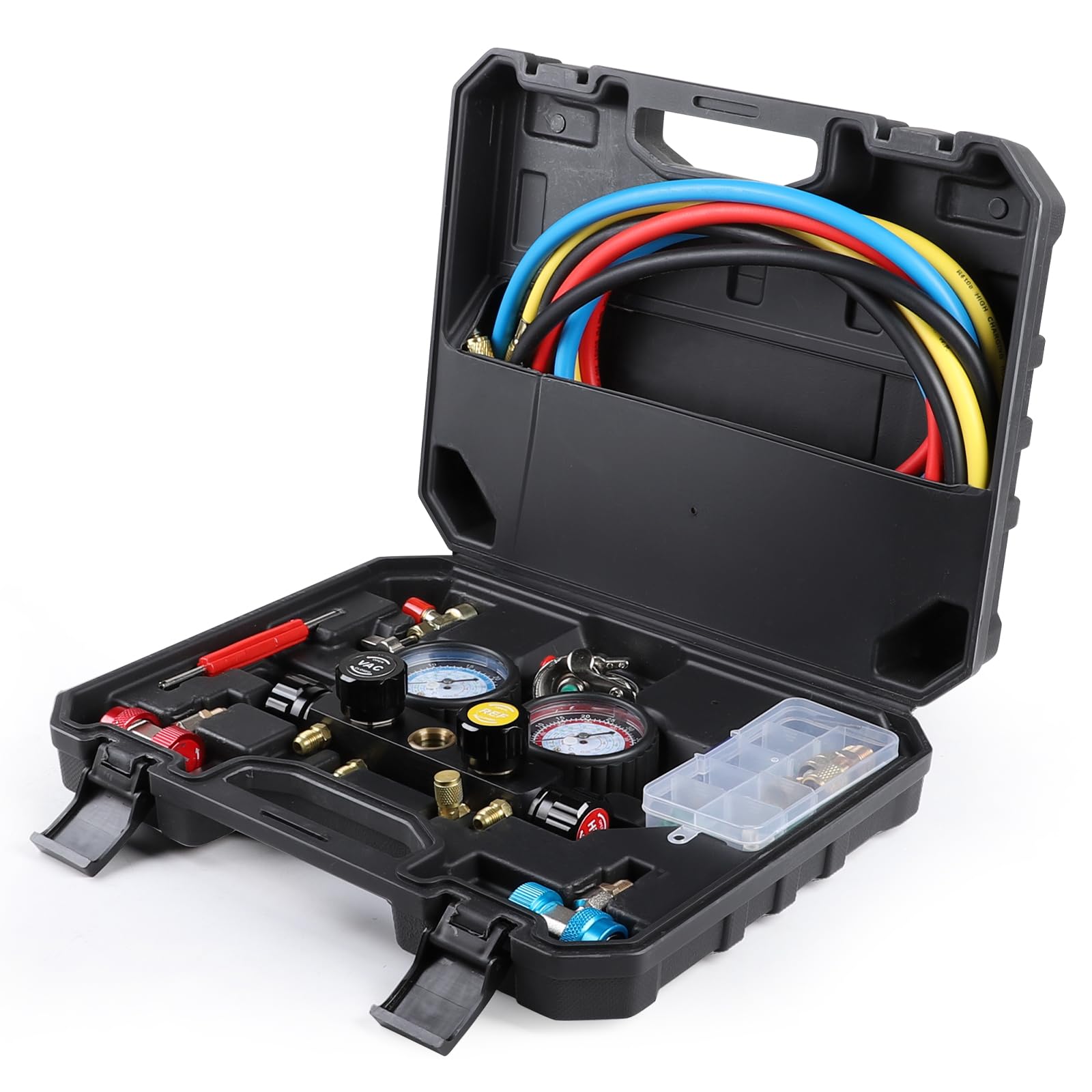 lalago Juego de Manómetros 4 Vías para Carga de Refrigeración R22 R134A R410A R404A, Conjunto de Manómetro de Diagnóstico de 4 Vías Profesional, para Carga de Freón y Evacuación de Bombas de Vacío