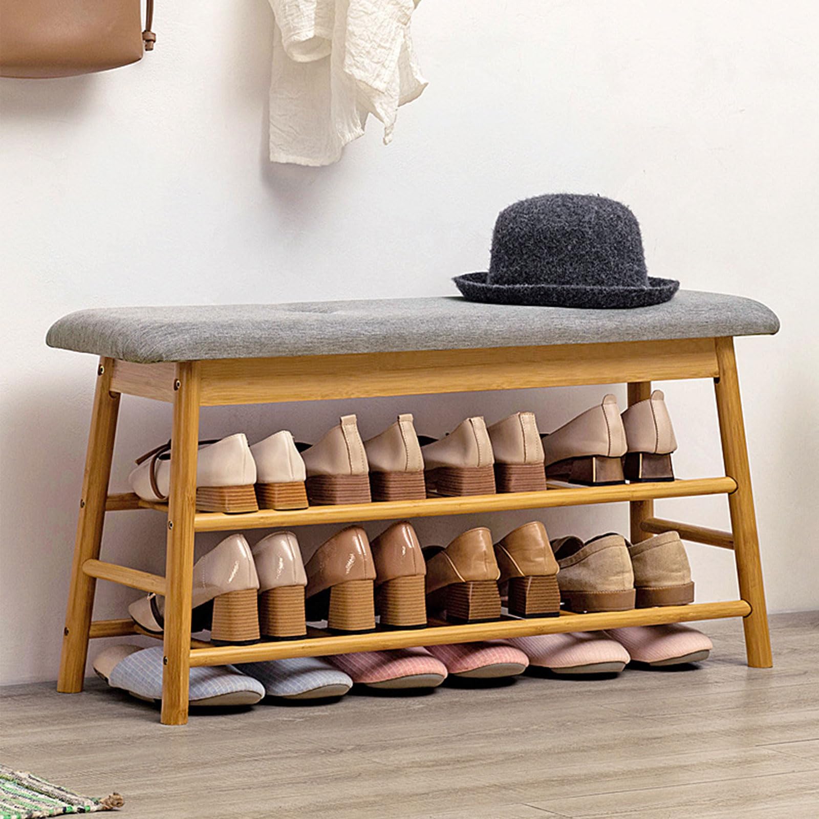Banc d'entrée en bambou avec meuble chaussures à 2 niveaux et coffre de rangement