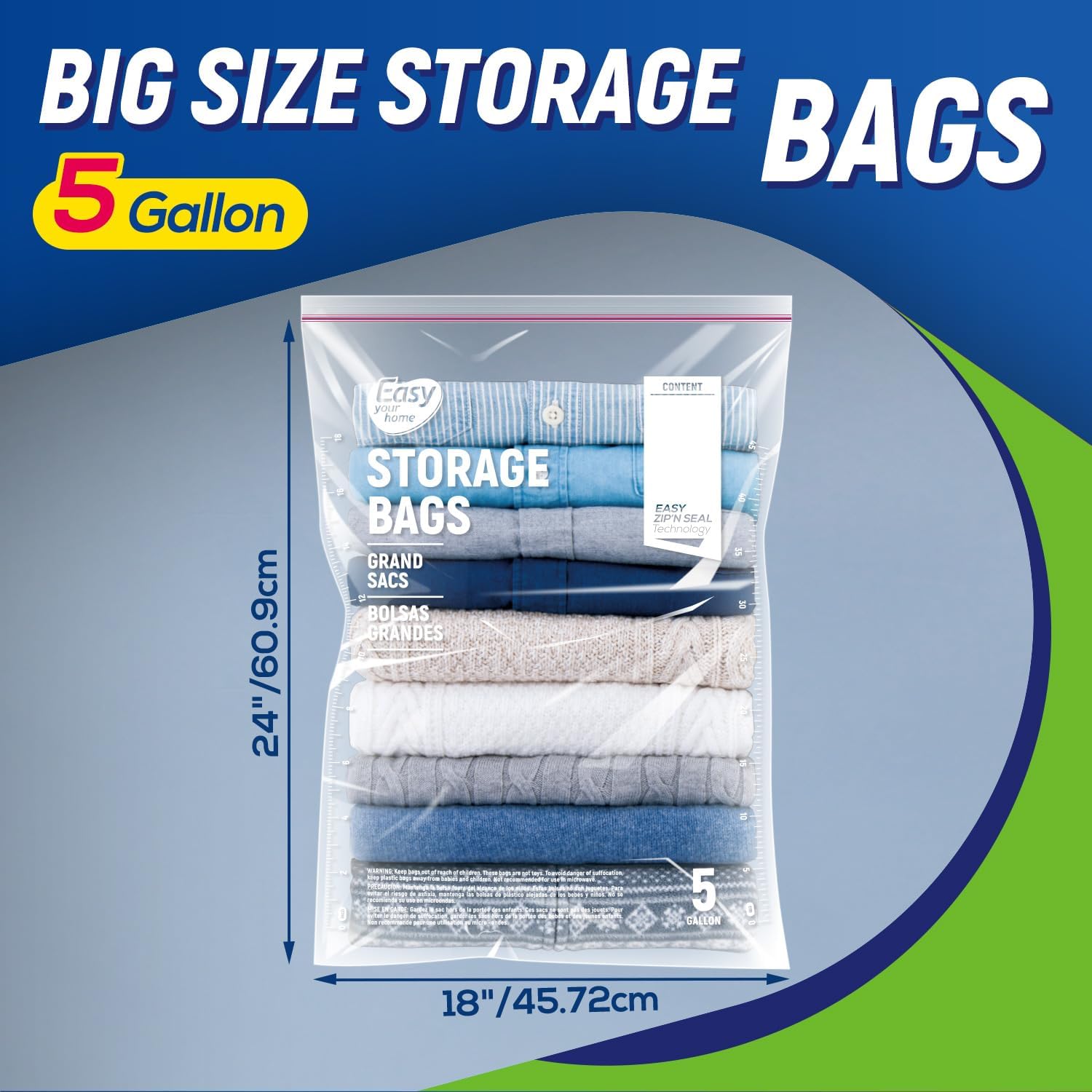 20PCS 5 Gallon Zipper Lock Storage Bags,18"x24",Reusable Extra Large Size Plastic Freezer Bag with Zipper for Food,Clothing,Travel,Moving,BPA-Free,2-Mil Thick