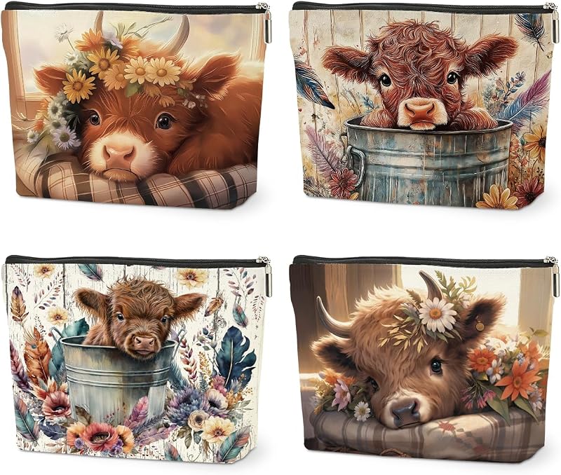 Conjunto com 4 necessaires HZMLYDJ com estampa de vaca Highland Cow