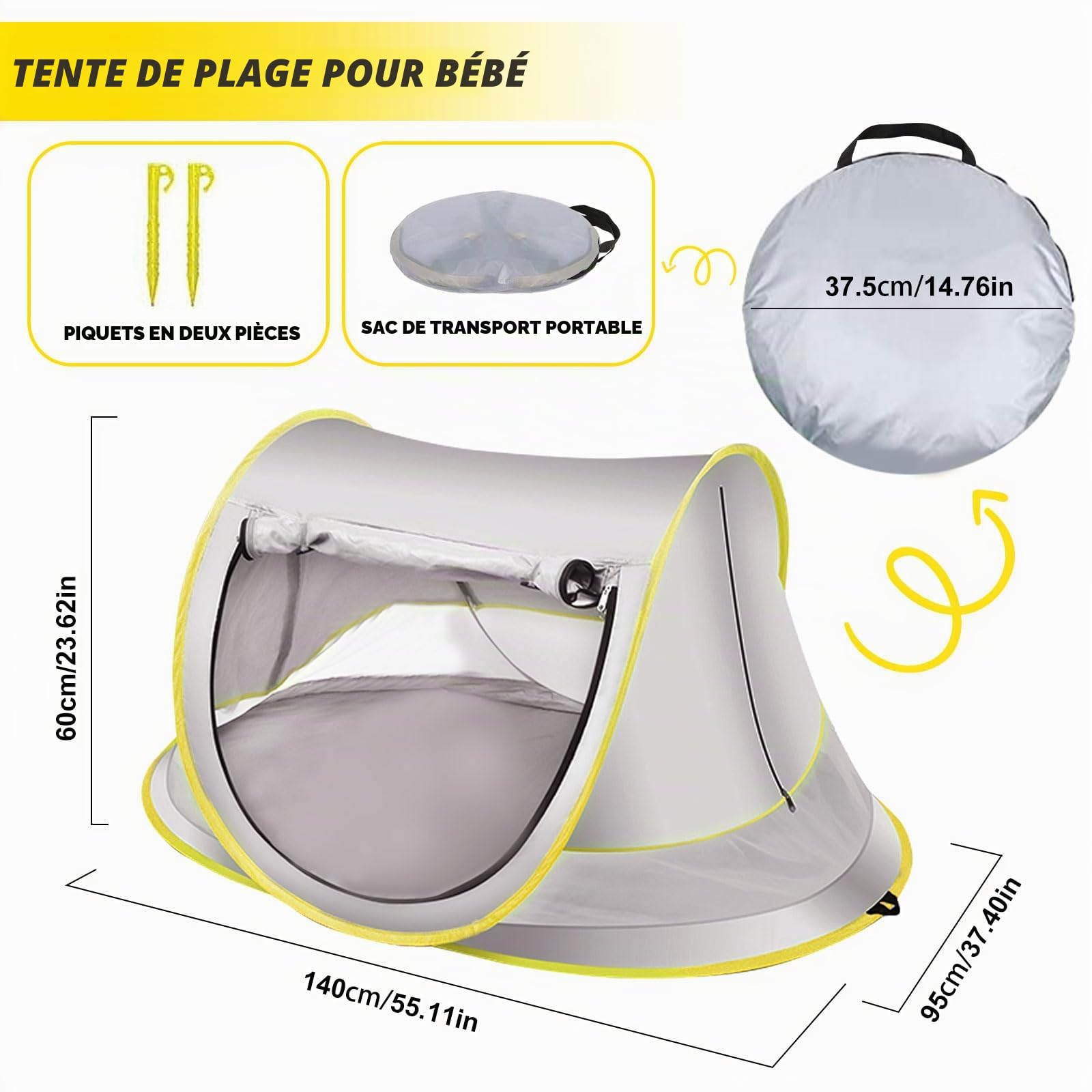 Tente Pop-Up de plage, pare-soleil portable, protection UV UPF 50, pour piscine avec moustiquaire, voyage (gris, Max)