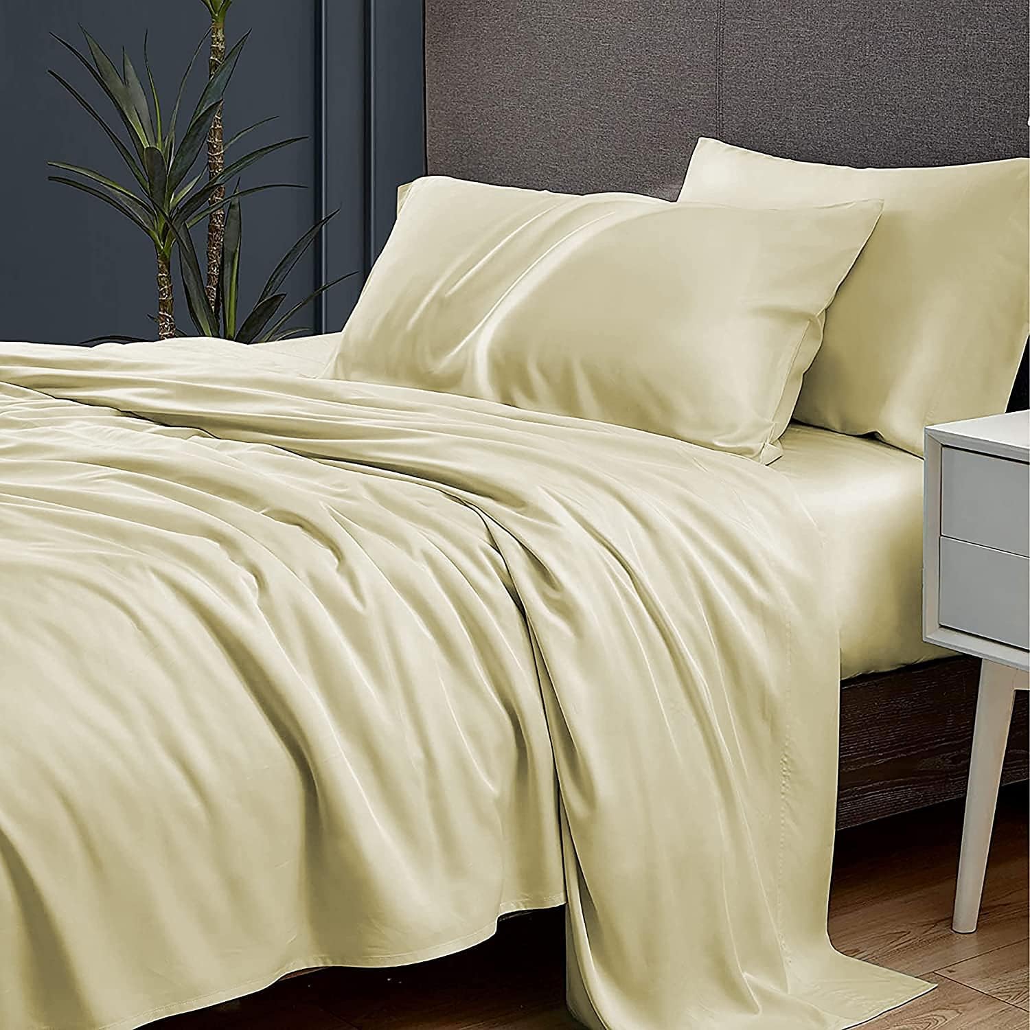 Gorayoo Bedding Flat Bedsheets Single Size Egyptian Cotton - 400 Thread Count Pocket Long Staple Sateen Weave Flat Sheet with 2 Pillowcover - Ivory