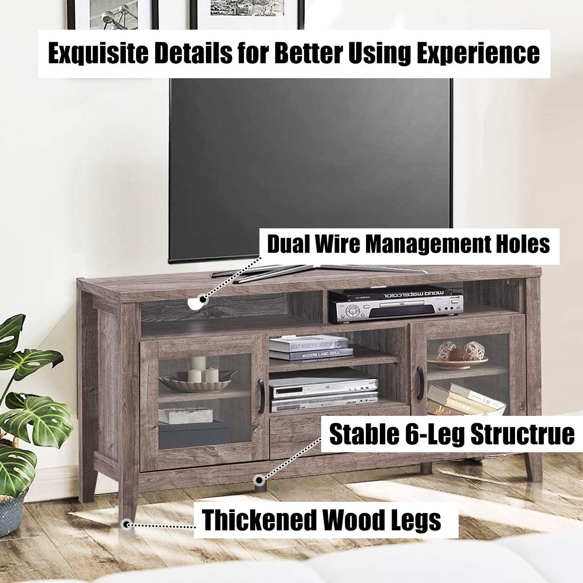 SILKYDRY Tall TV Stand w/2 Glass Door Cabinets, 4 Open Shelves, Drawer & 6 Legs, Farmhouse Wooden TV Console Table for TVs up to 65", Media Entertainment Center for Living Room, Bedroom & Playroom