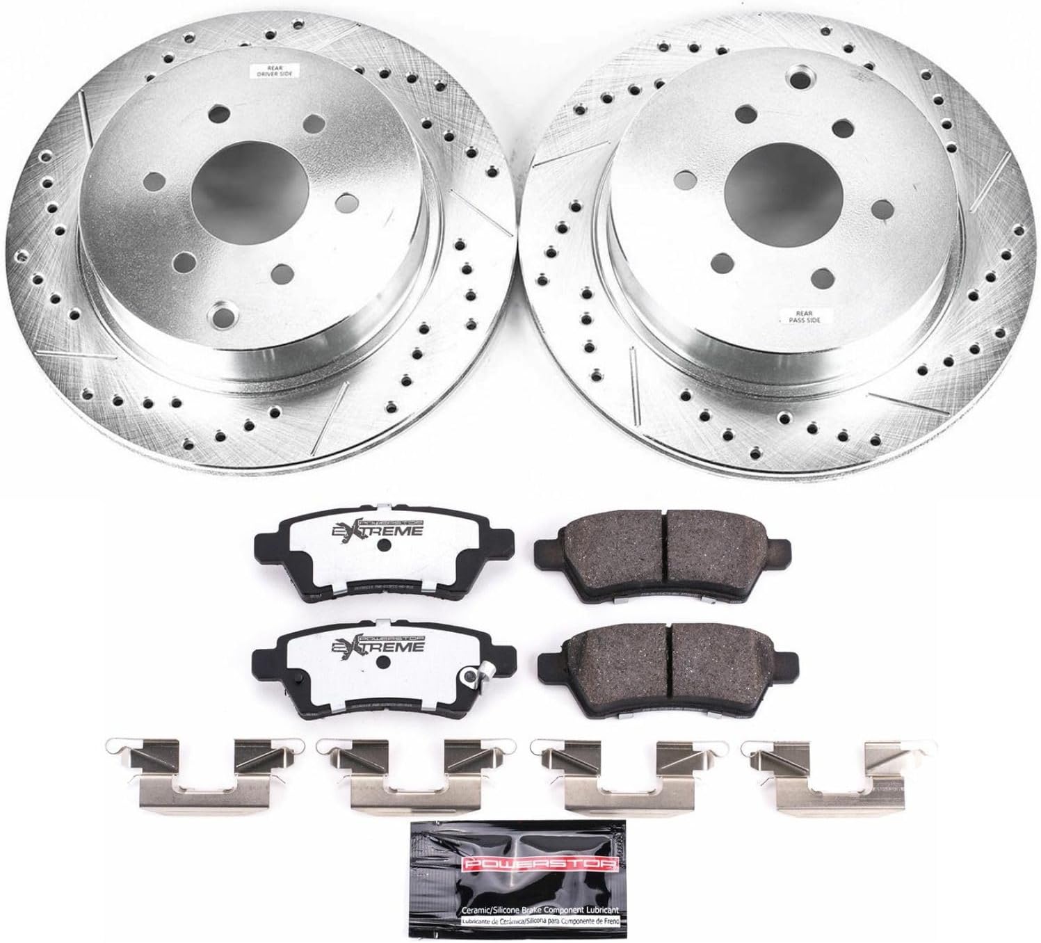 PowerStop Rear Brake Kit For Nissan Pathfinder 2005-12 - Truck & Tow Carbon Fiber Ceramic Brake Pads + Drilled & Slotted Rotors Upgrade, K147-36
