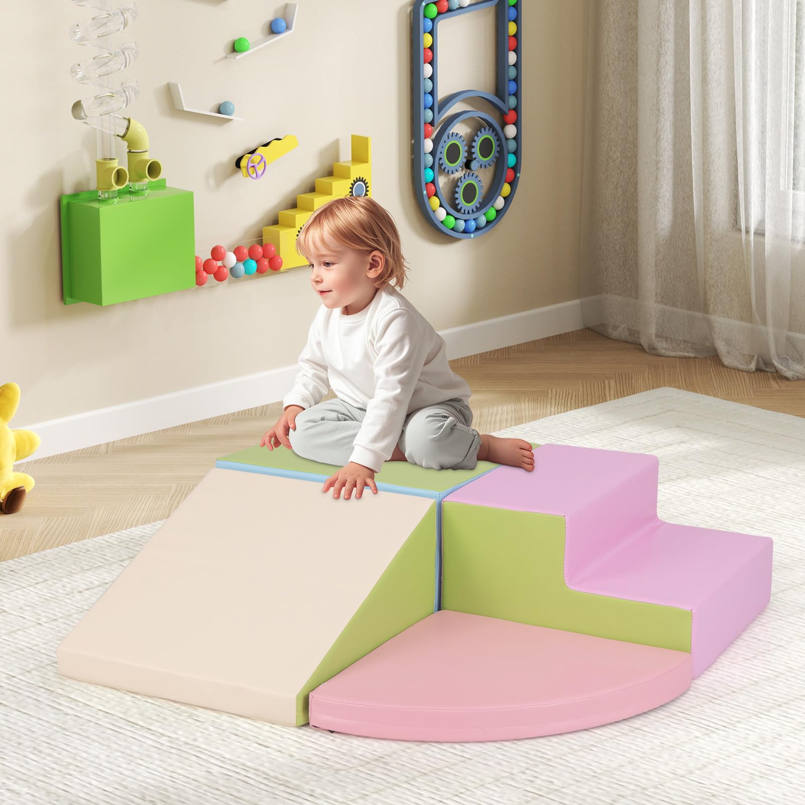 COSTWAY 4PCS Parcours Motricité Bébé en Mousse EPE avec Housse en PU, Module Motricité Bébé avec Toboggan & Différentes Formes, Jouets Éducatifs Colorée pour Ramper pour Enfants d'Âge Préscolaire