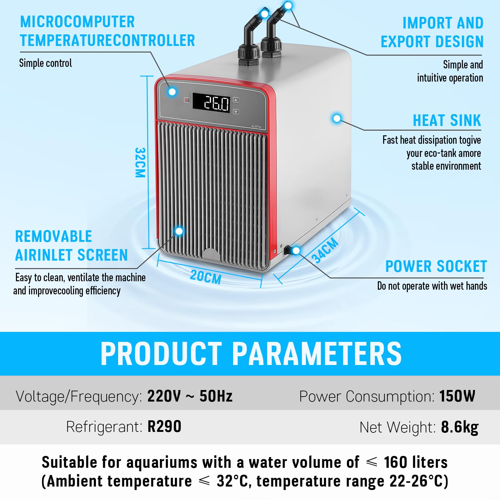 Refrigeratore Acquario 160L, Refrigeratore per Acquario D'acqua Serbatoio di Pesce Refrigeratore Speciale Design Silenzioso Compressore di Refrigerazione per Acquari, Meduse, Piante D'acqua