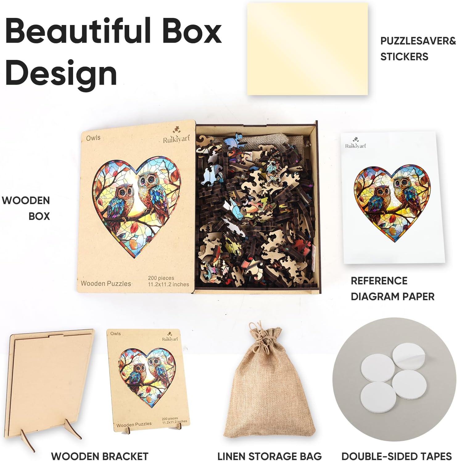Ruikiyart Wooden Puzzles for Adults, 200 Pieces Stained Glass Owls Wood Jigsaw Puzzles, Birds Unique Heart Shape Puzzle Holiday (11.2"*11.2")