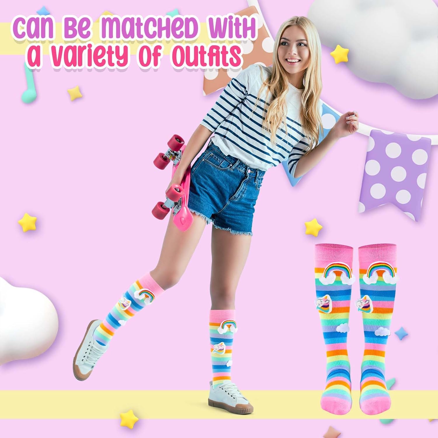 Tarpop Rainbow Unicorn Socks Cute Silly Socks for Woman Long Stripe Crazy Novelty Long Sock Easter Funny Gifts for Woman - Image 5