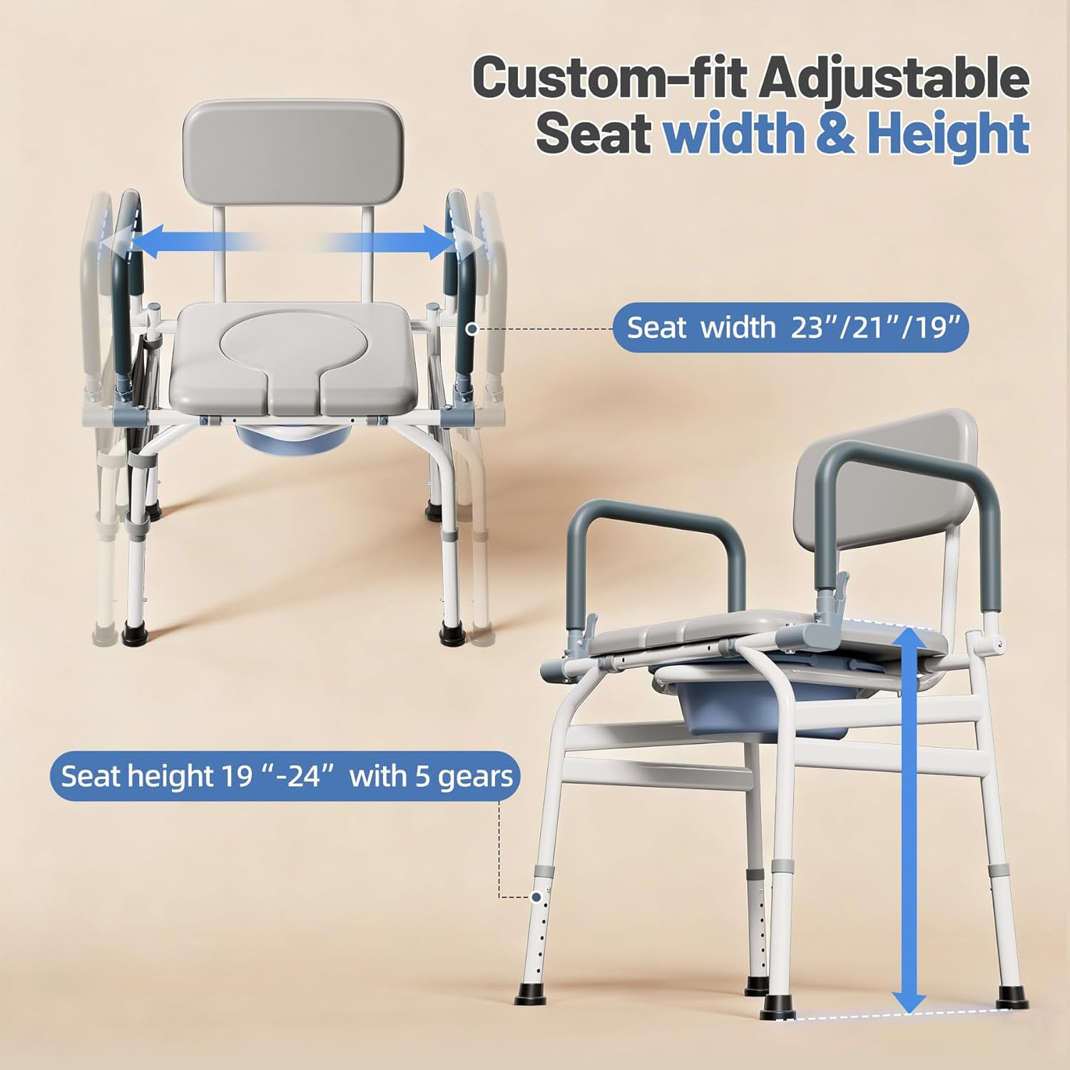 Drop Arm Bedside Commode, 19"-23" Adjustable Extra Wide Seat for Bariatric & Seniors, Safety 3-in-1 commode toilet, 500 lbs Soft Padded Seat, Heavy Duty Potty Chair for Adults