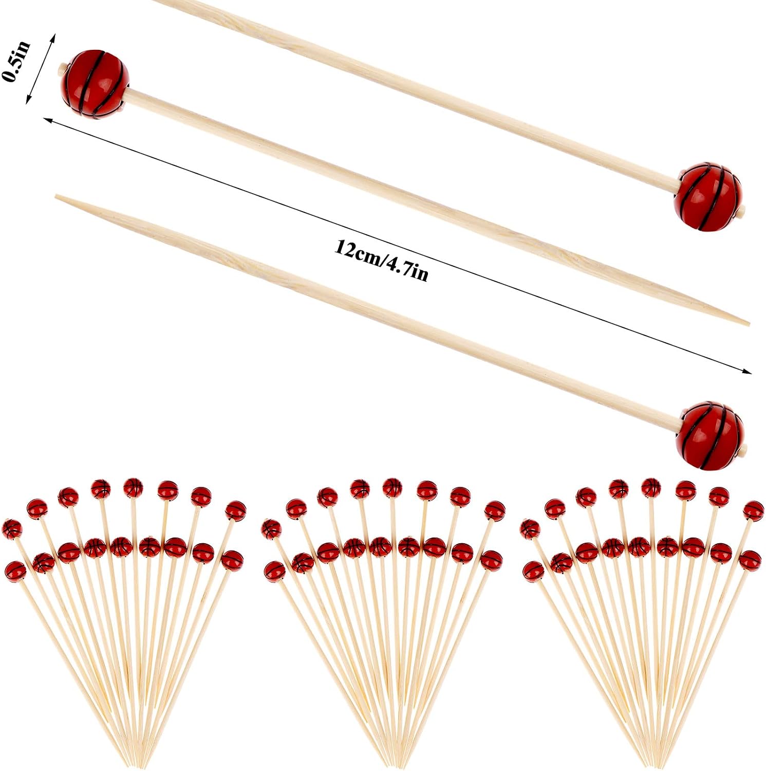 100 Pieces Bamboo Cocktail Picks 4.7 Inch Fruit Toothpicks Basketball Cocktail Skewers Wooden Decorative Cocktail Picks Sports Ball End Cocktail for Appetizers, Fruit, Food, Sports Party Favors