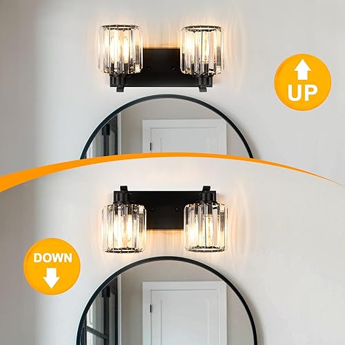 Miniatura 4 de 2 luces de cristal para tocador de baño, moderna lámpara de baño negra sobre espejo, luces de tocador para dormitorio, baño, pasillo, base E26
