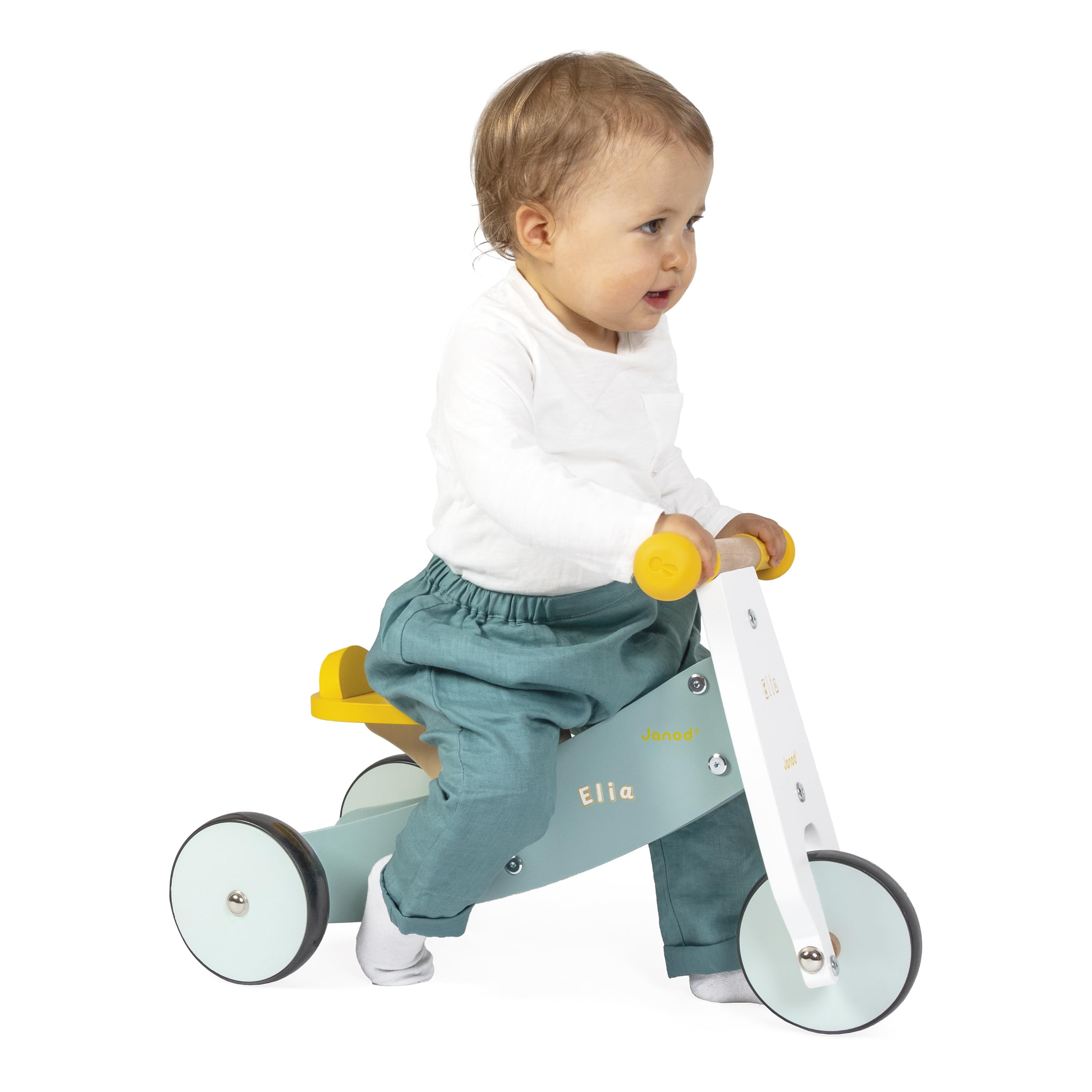 Janod Drewniany rower trójkołowy z możliwością personalizacji – wysokość siedziska 23 cm – drewniana zabawka do jazdy – wiek od 12 miesięcy