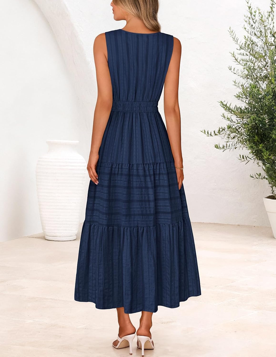 MEROKEETY Spring Summer Midi Dresses for Women 2026 Casual Beach Vacation Sleeveless Boho V Neck Cotton Maxi Dress Pockets - Image 3