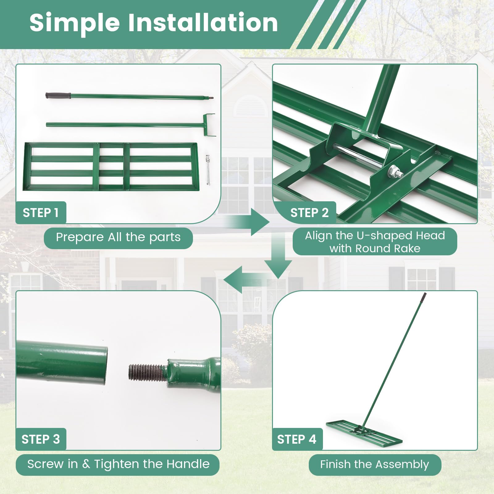FANTASK Rastrello per il livellamento del prato, con impugnatura ergonomica, raschietto per prato, rastrello per giardino, golf e cortile (verde, 106 cm x 25 cm)