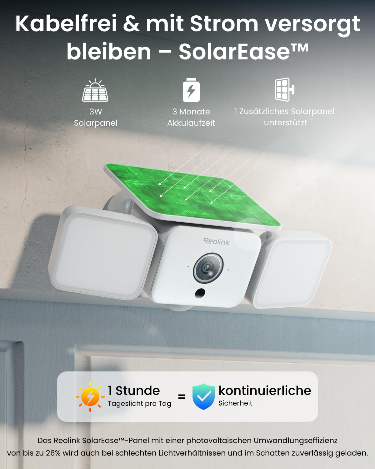 Reolink 2K Kabellose Flutlicht Kamera Akku, SolarEase, Farbnachtsicht | Überwachungskamera Aussen Solar mit 150°Ansicht &1000 lm Licht, KI-Erkennung, 2,4/5 GHz Wi-Fi 6, IP66, Solar Floodlight Cam
