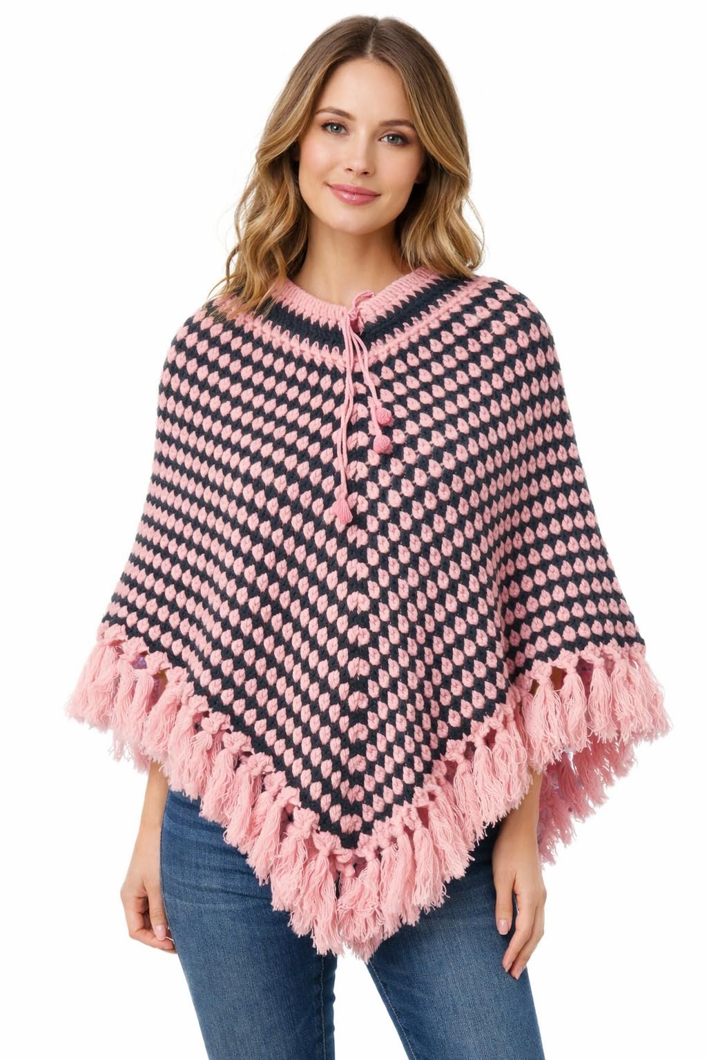 Woolen Women's Poncho Pink and Grey-image-33