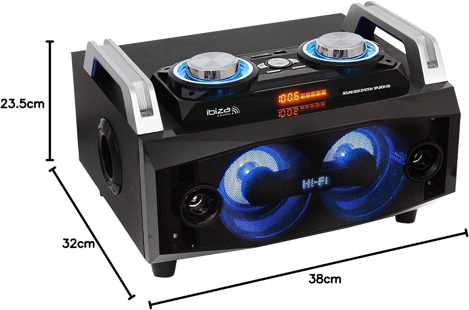 Image illustrating the dimensions of the Ibiza SPLBOX120 portable sound system.