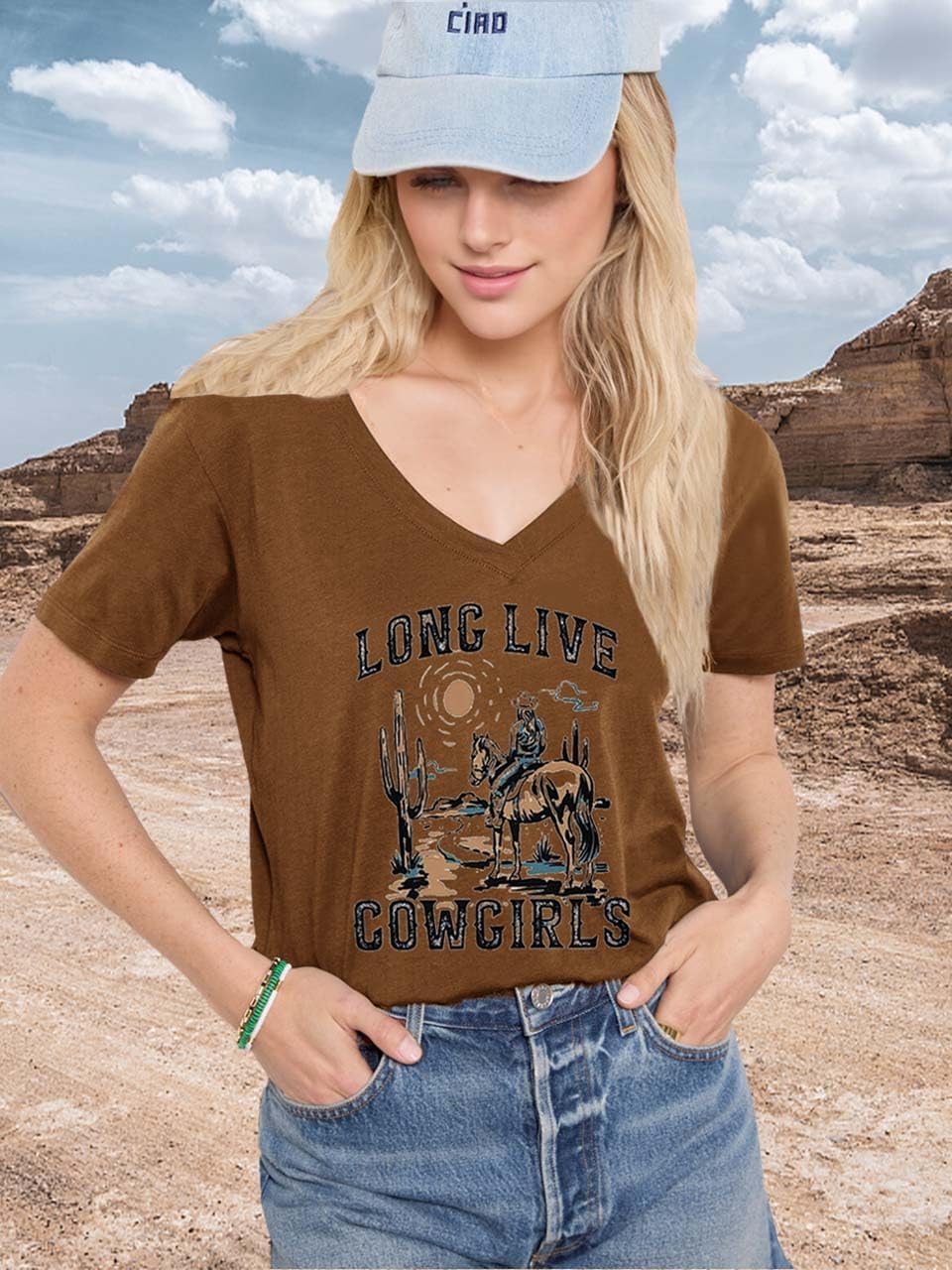 Women’s Cactus Cowgirl Shirt Western Riding Country Music V Neck T-Shirt Retro Sun Printed Short Sleeve Tees Tops - Image 2