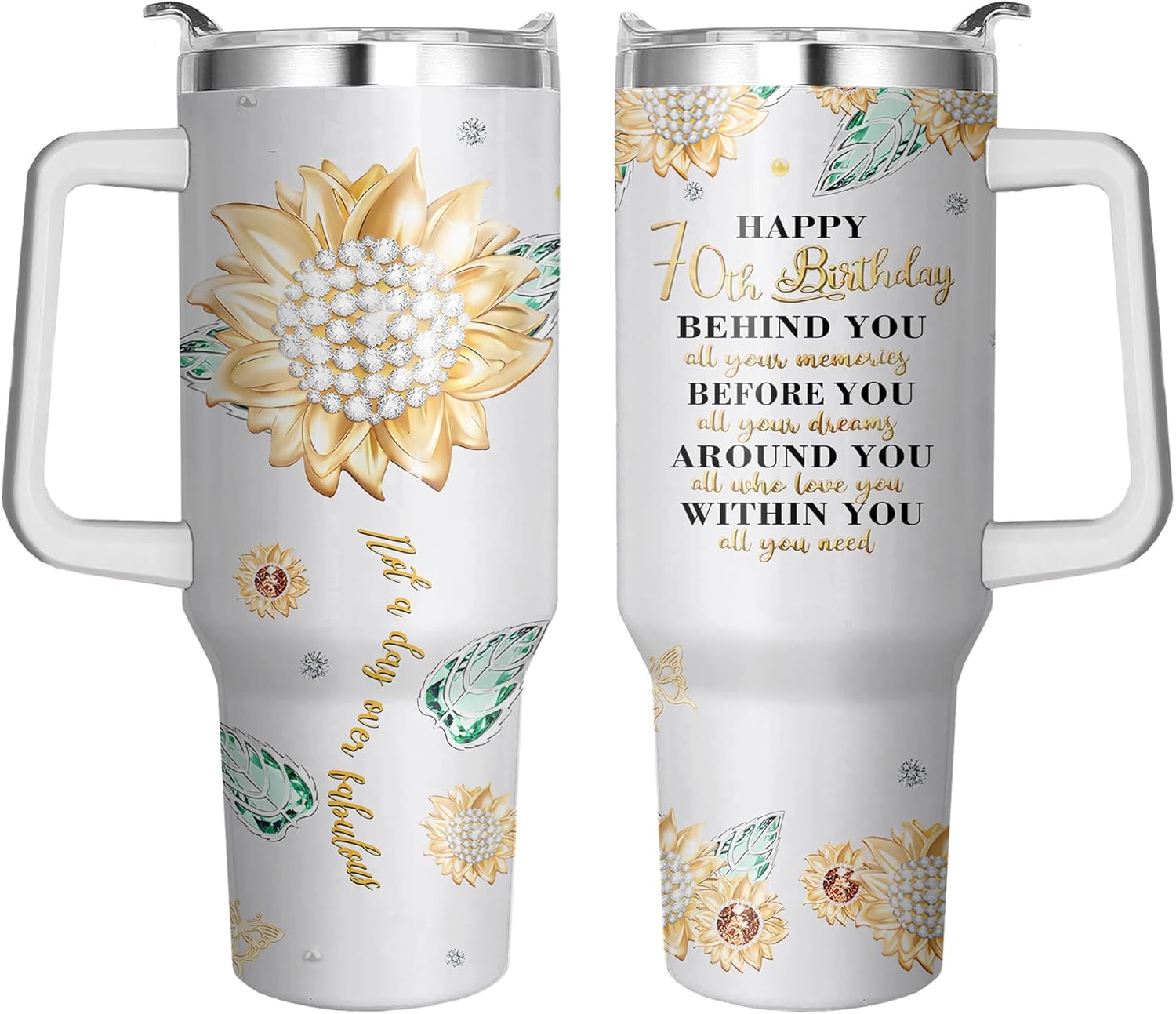 70th Birthday Cups with Handle & Straw, 40 Oz Stainless Steel 70th Birthday Mug Mothers Day Gifts for 70 Year Old Woman, 70 Year Old Birthday Gifts for Women, Cool 70 th Birthday Gift for Women