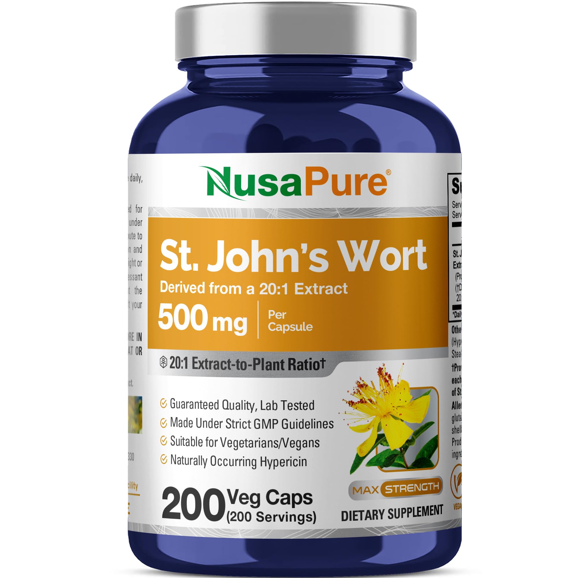 St. John's Wort, Non-GMO, Vegan, 500mg, 200 Veg Capsules - 200 Servings