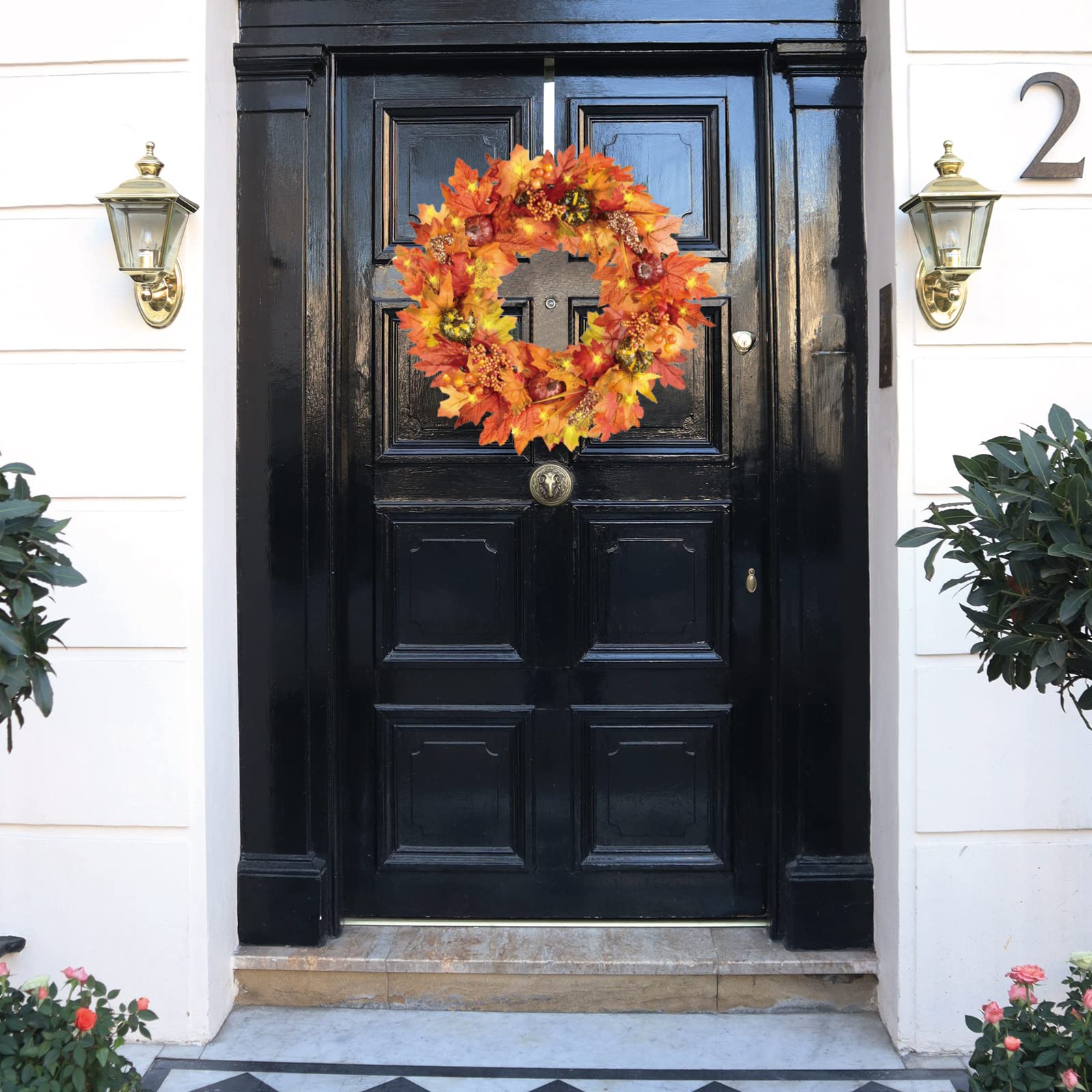 Couronne Automne 40cm Couronne Halloween Porte Guirlande d'automne Artificielle avec Lumières LED Feuilles d'érable et Citrouille Decoration Automne Interieur Exterieur Halloween Thanksgiving Noël
