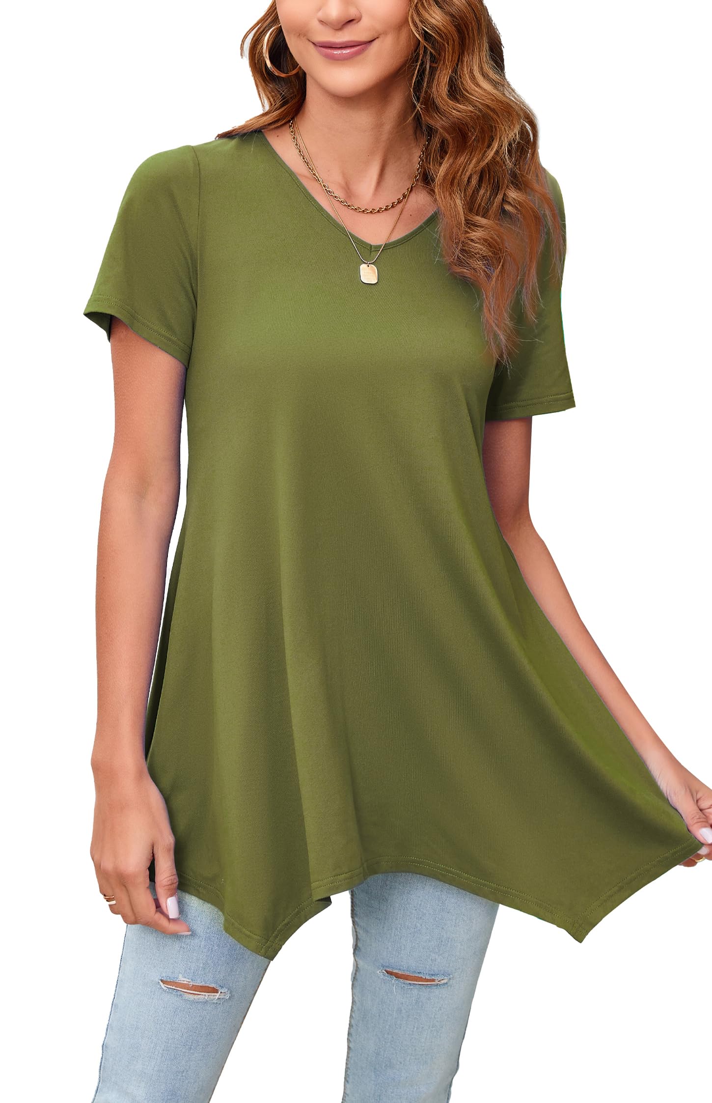 Enmain Camiseta Mujer Manga Corta Top Túnica Blusa Larga on Cuello en V Talla Grande Tops de Colores Sólidos/Estampadas T Shirt para Mujeres S-3XL