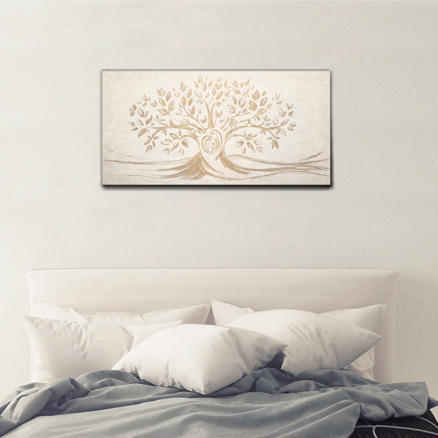 Giallobus - Quadro - 10 - Capezzale Moderno - Sacra Famiglia e Albero della Vita - Vintage - Tela Canvas Telaio Standard - 140x70 - Pronto da Appendere - Quadri Moderni per la casa