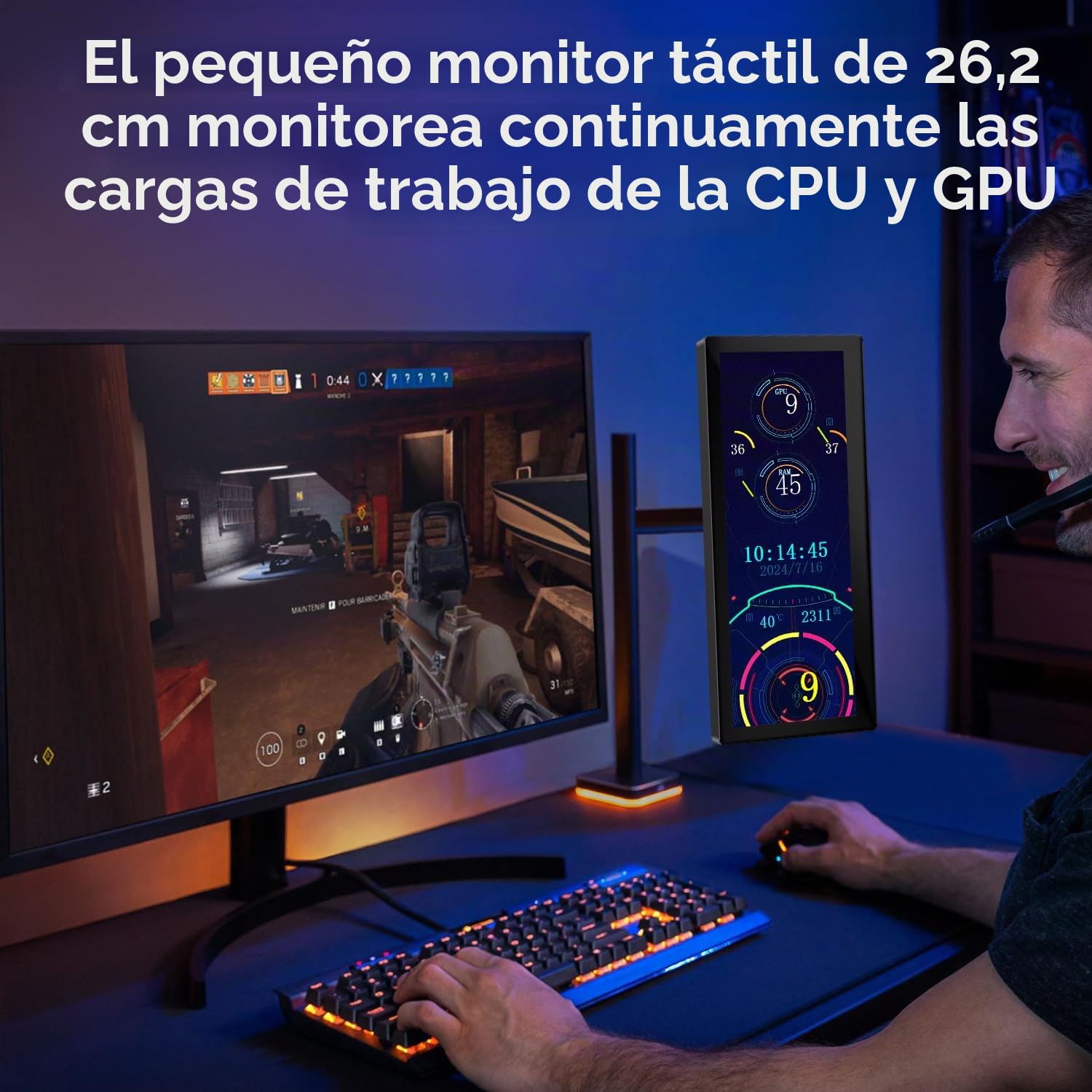 10,3 Pulgadas Monitor Secundario Táctil, Pantalla Portátil LCD IPS | LCD IPS Display Alargada 1920 × 720, HDMI y USB-C para Ordenador, para Monitorización de GPU, CPU y RAM