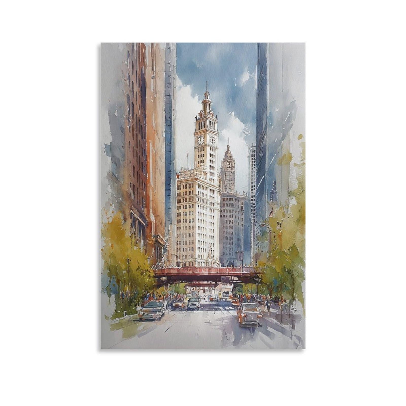 XWYMXZ Chicago Watercolor Print Vintage Illinois Travel Poster Tree 24x36inch(60x90cm) Vintage Watercolor Canvas Art