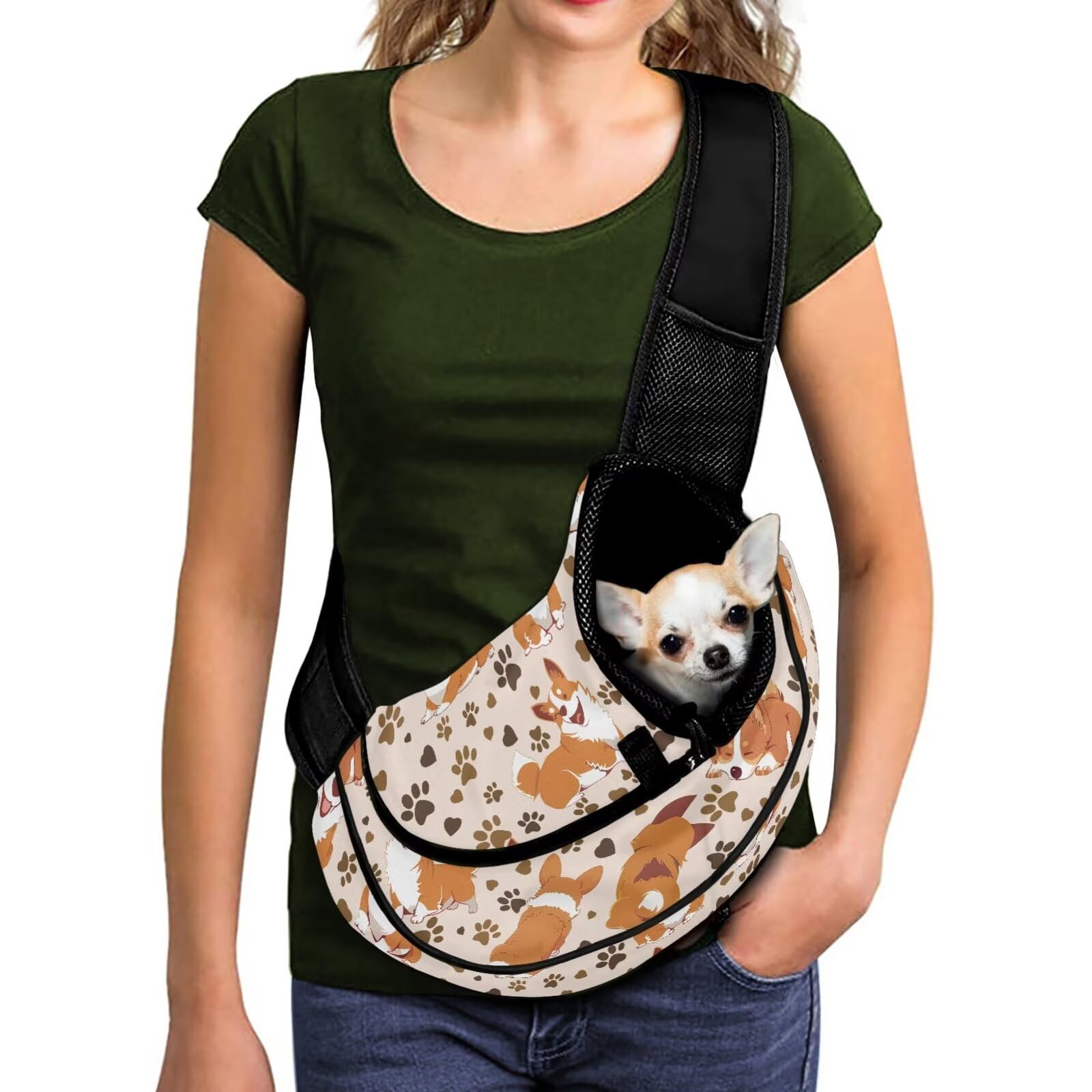 COEQINE Dog Sling Carrier 20 Lbs Breatheable Crossbody Bag for Pet Orange Color Puppy Carrier Sling Corgi Print Hands-Free Locking Safety Zipper Satchel Tote Bag