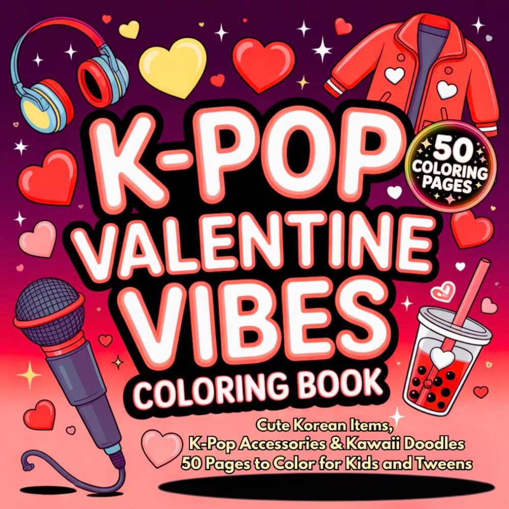 K-POP Valentine Vibes Coloring Book: Cute Korean Items, K-Pop Accessories & Kawaii Doodles 50 Pages to Color for Kids and Tweens (K-POP Aesthetic Collection)