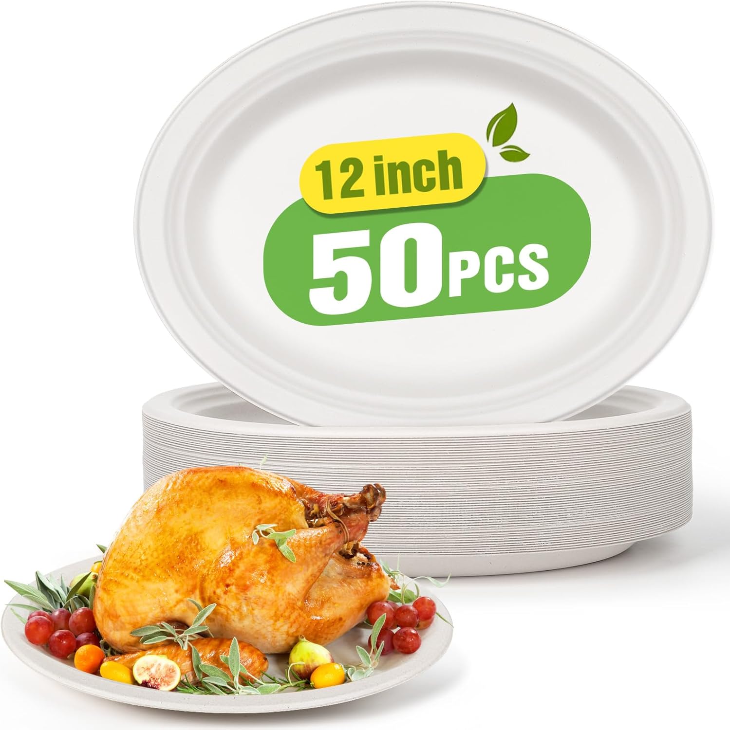 Gezond 100% Compostable Oval Paper Plates 12.5 Inch 50 Pack Large Disposable Heavy-duty Eco-friendly Sugarcane Fiber Plates Biodegradable for Party, BBQ and Picnic Whtie