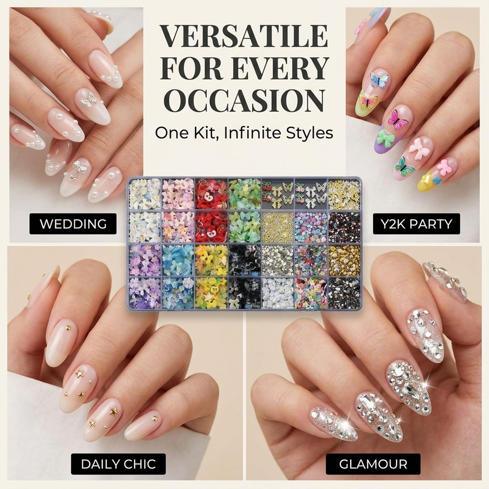9000PCS 3D nail charms Set – Kit de charms pour ongles Y2K, 110 styles de strass, perles, papillons et accessoires DIY pour la décoration ongulaire