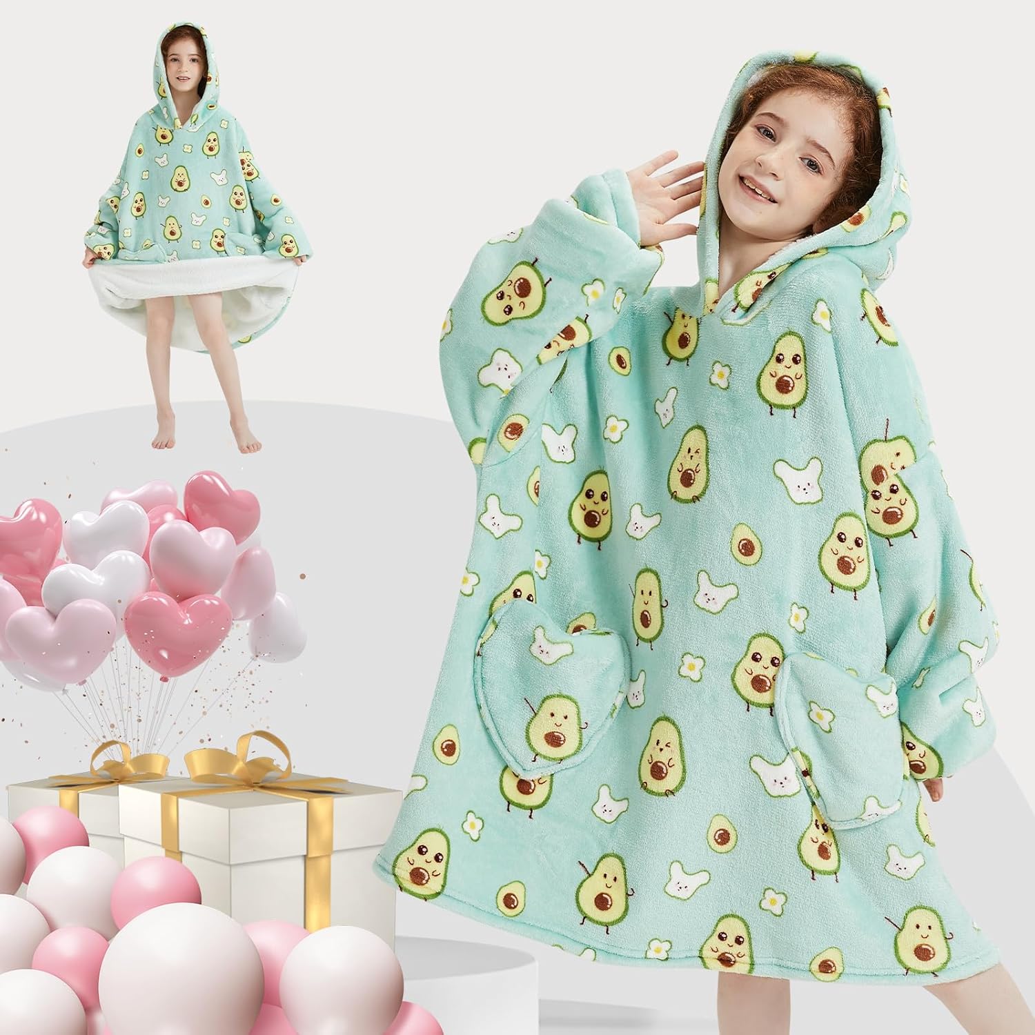 Wearable Blanket Hoodie for Kids Oversized Sherpa Blanket Hoodie for Kids Boys Girls Teens 6-13YR,Green Avocado - Image 5
