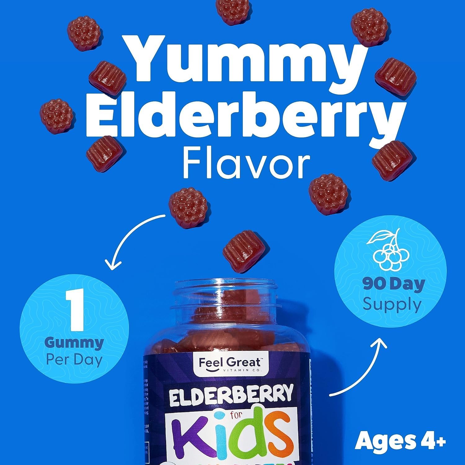 Feel Great Kids Elderberry Gummies with Zinc and Vitamin C (2-Pack) | Immune Support Sambucus Elderberry | Berry Flavored Vegan Multivitamins | 90 Count - Image 4