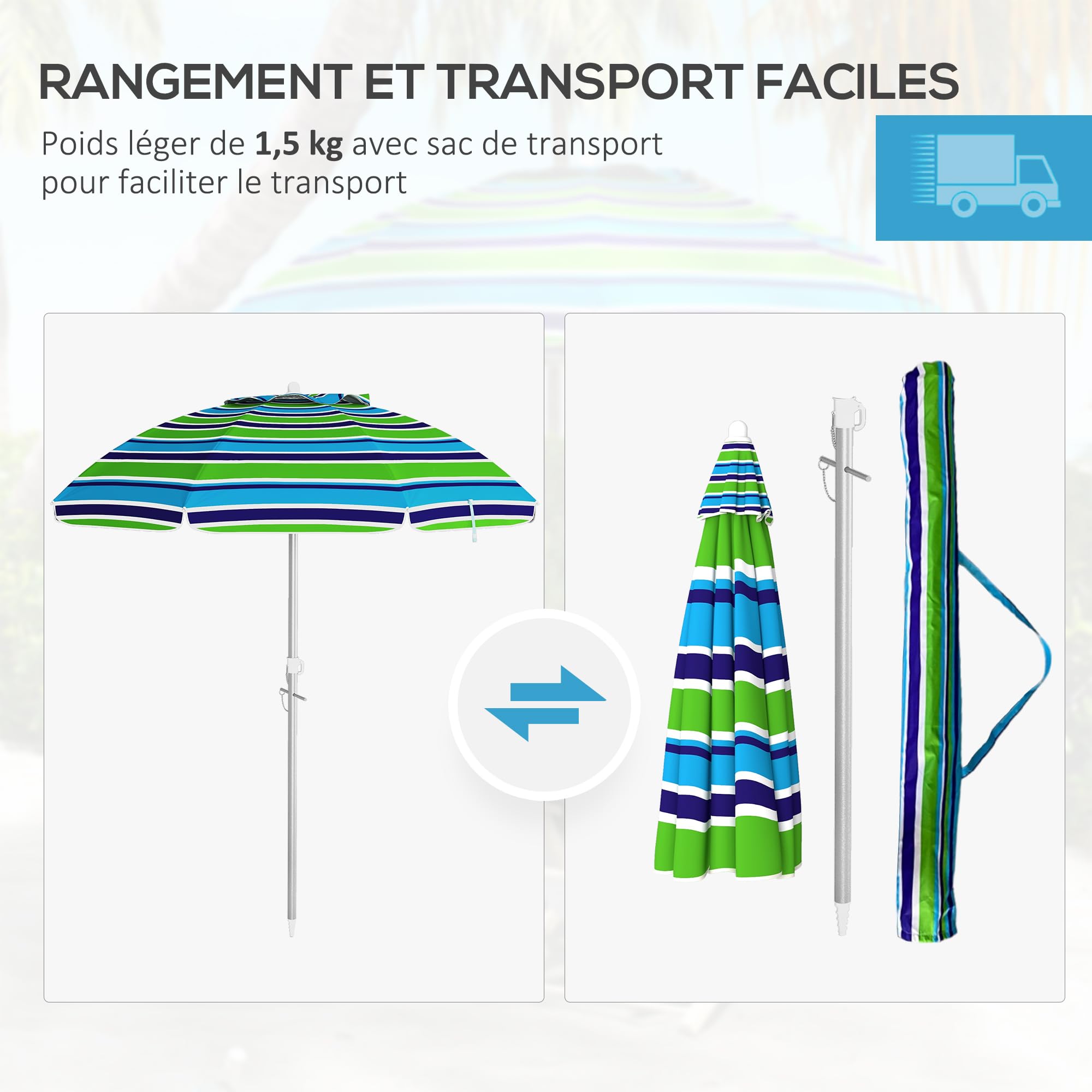 Outsunny Parasol de plage parasol inclinable rond parasol d'extérieur hauteur réglable protection UV40 sac de transport inclus alu. polyester multicolore